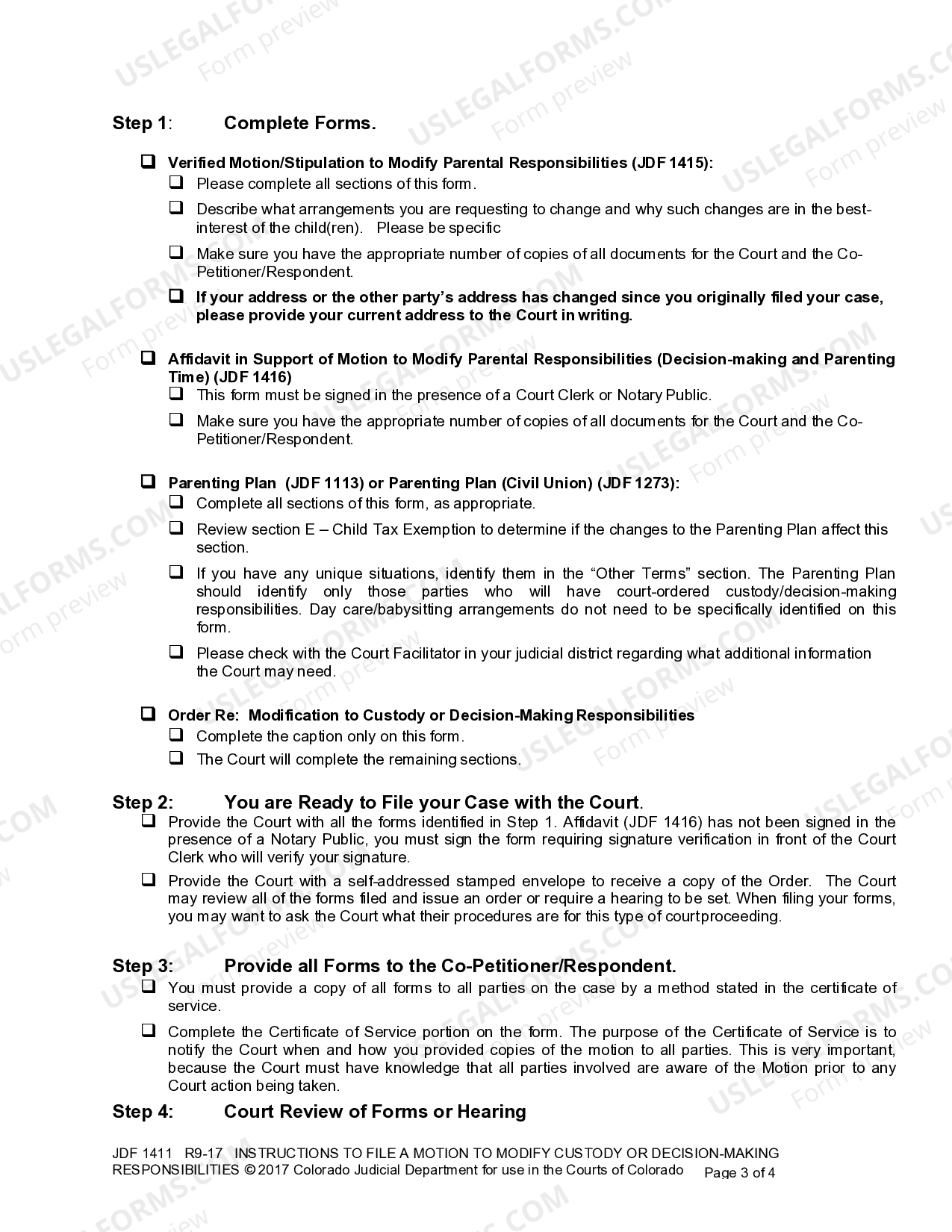 Colorado Instructions to File a Motion or Stipulation to Modify Custody