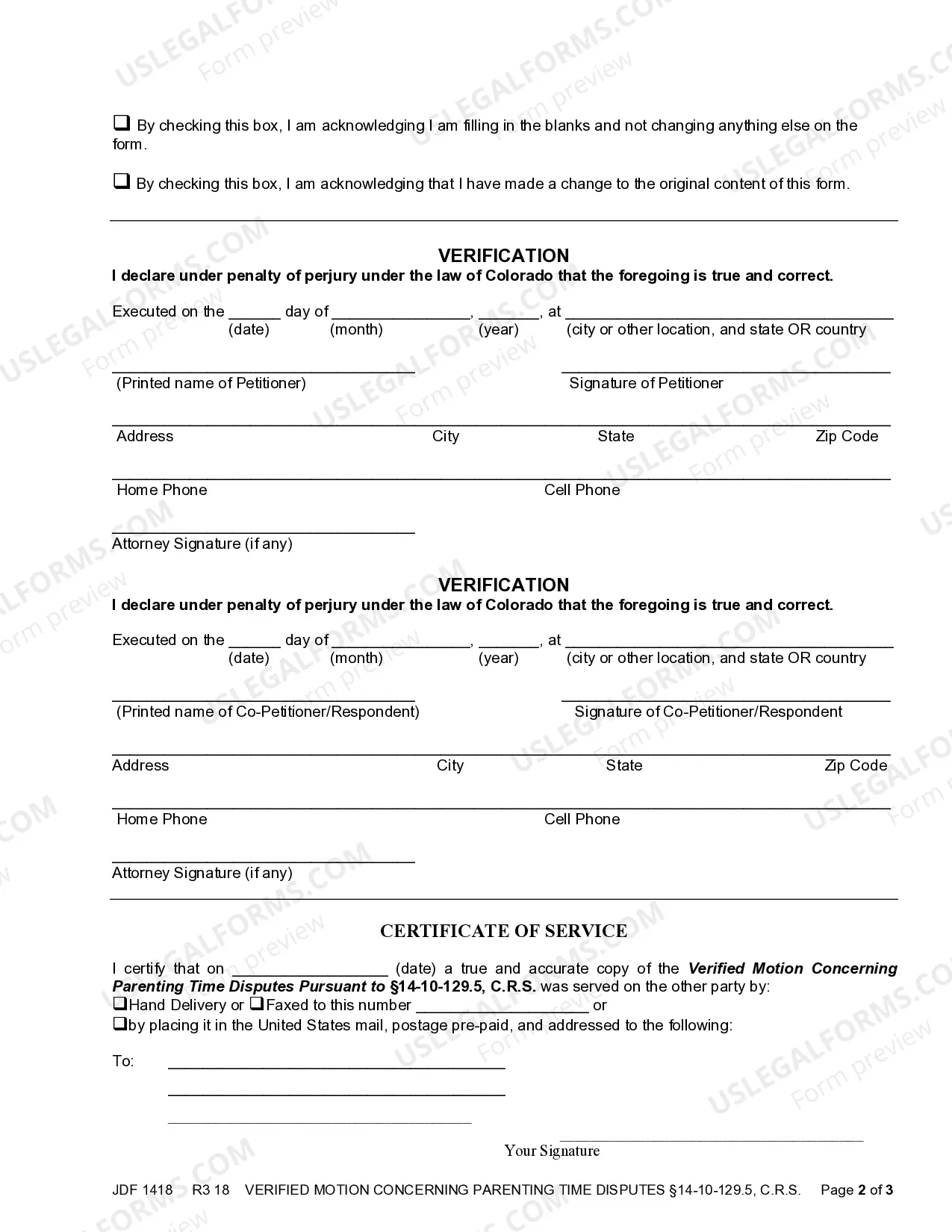 Preview Verified Motion to Enforce Parenting Time C.R.S. 14-10-129.5