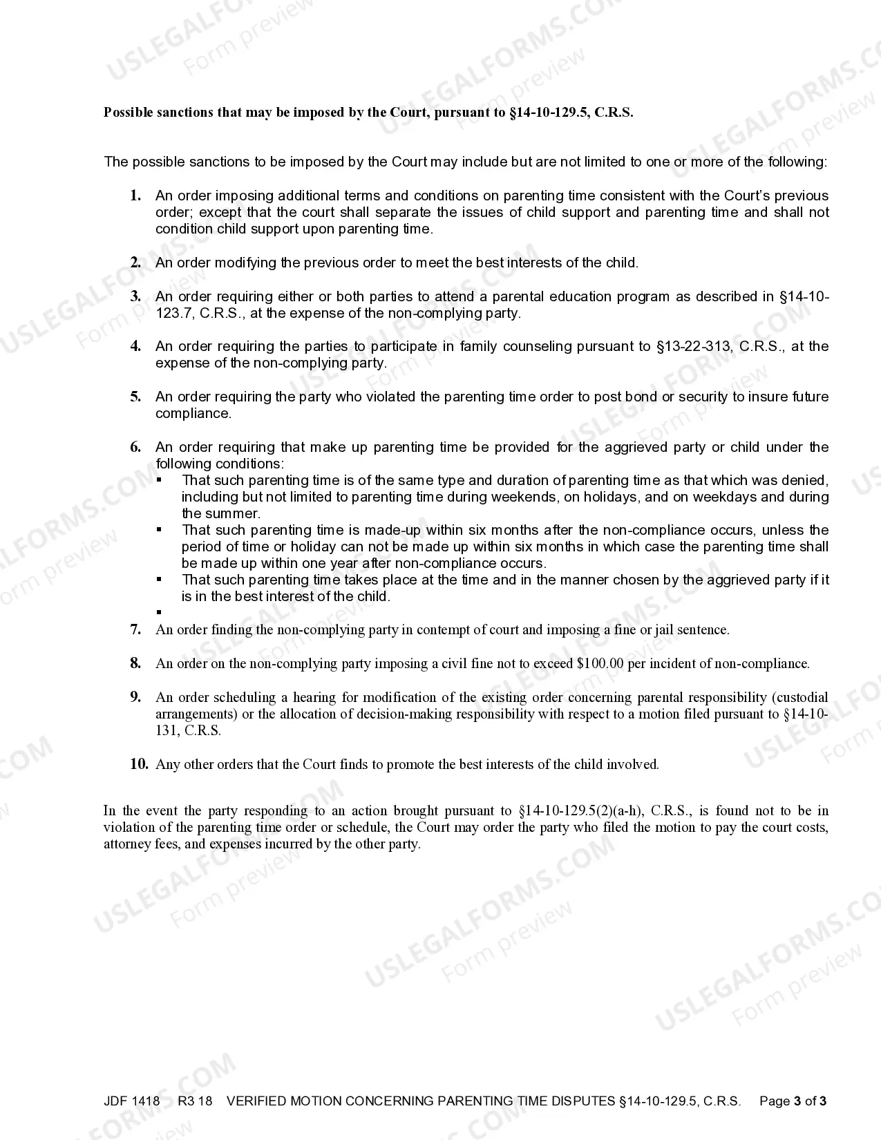 Preview Verified Motion to Enforce Parenting Time C.R.S. 14-10-129.5