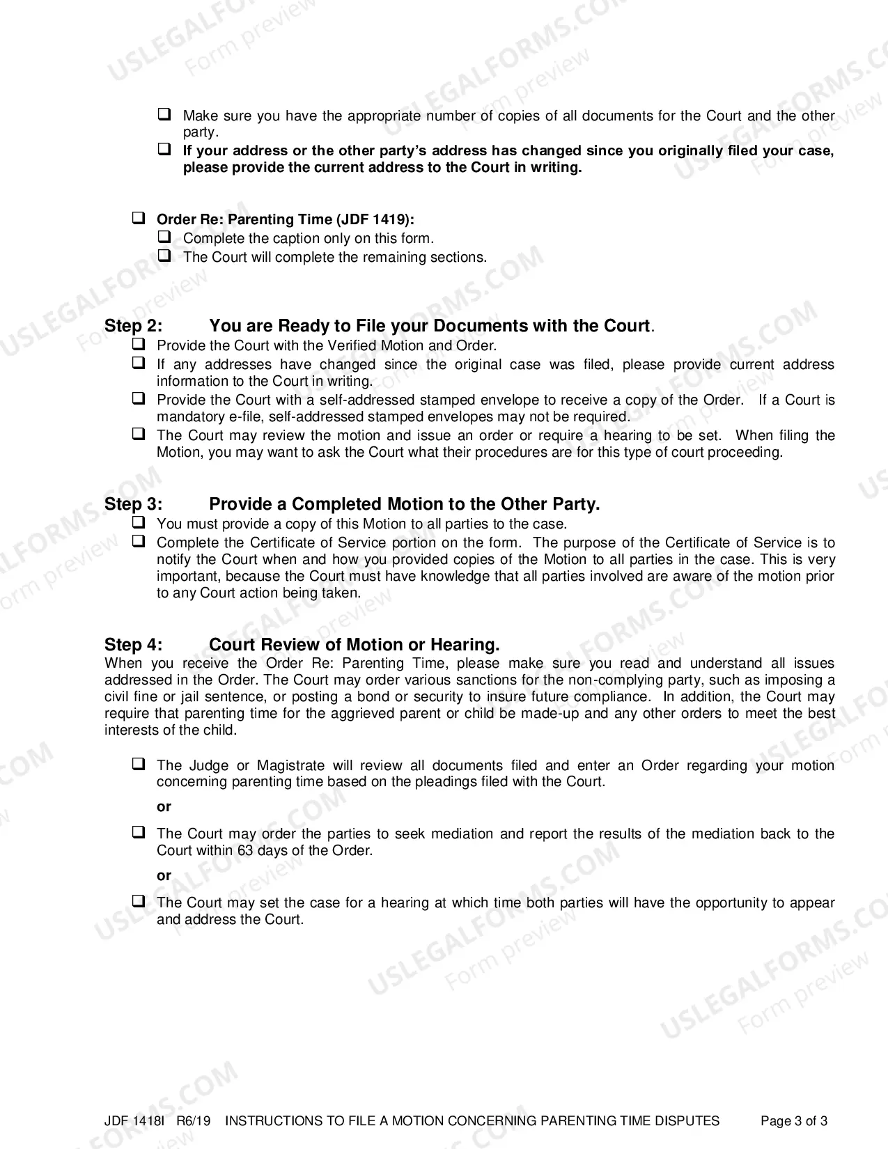 Preview Instructions to File a Motion to Concerning Parenting Time Disputes