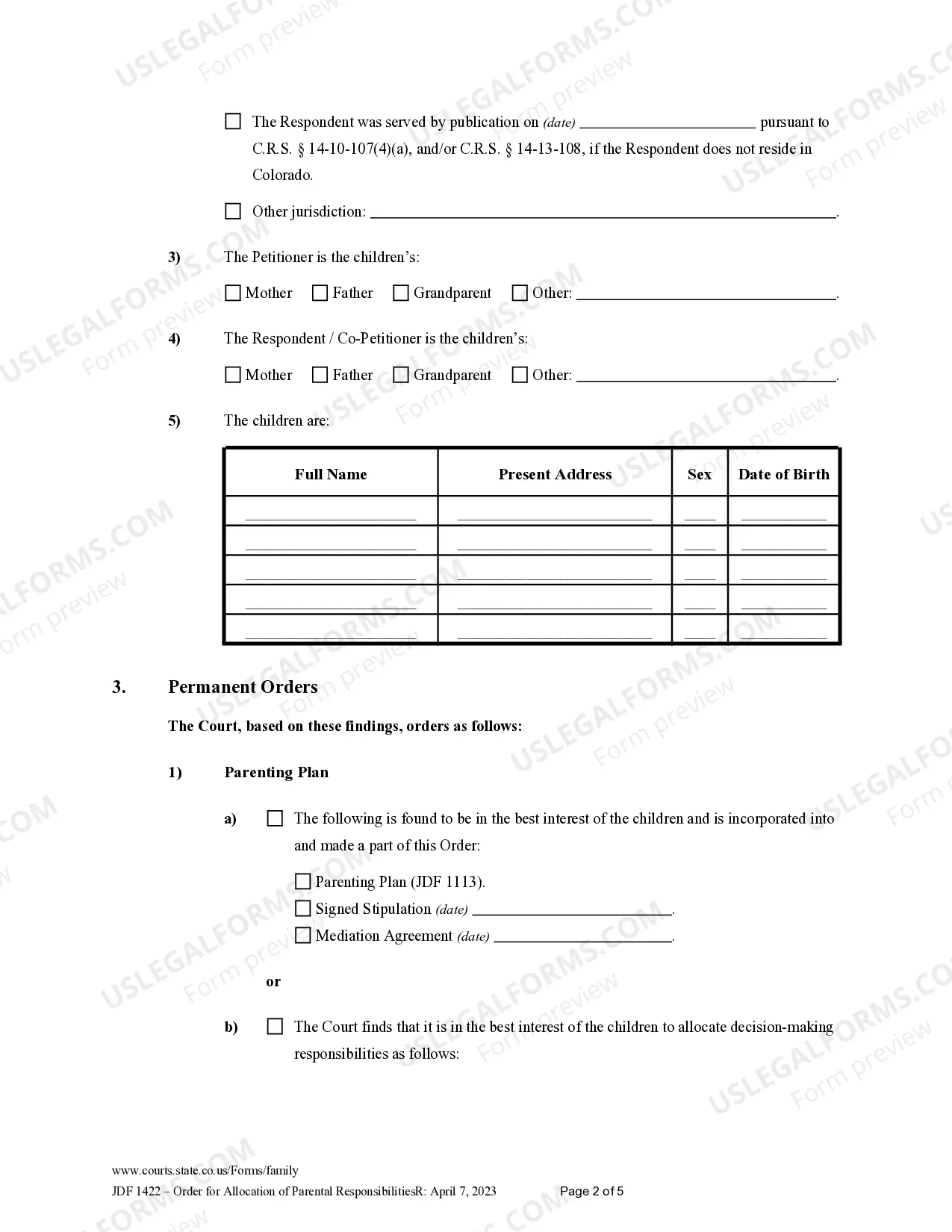 Preview Order for Allocation of Parental Responsibilities