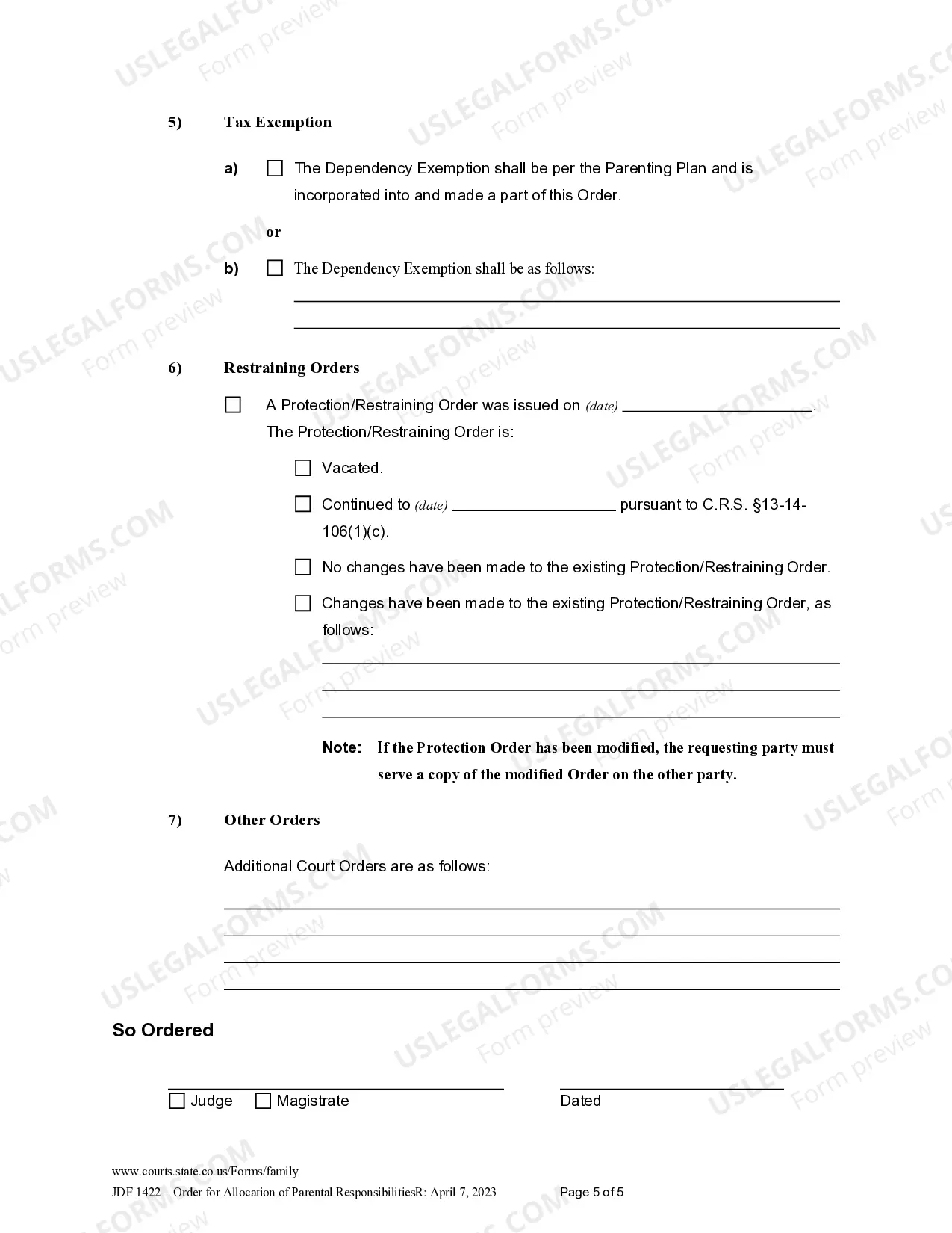 Preview Order for Allocation of Parental Responsibilities