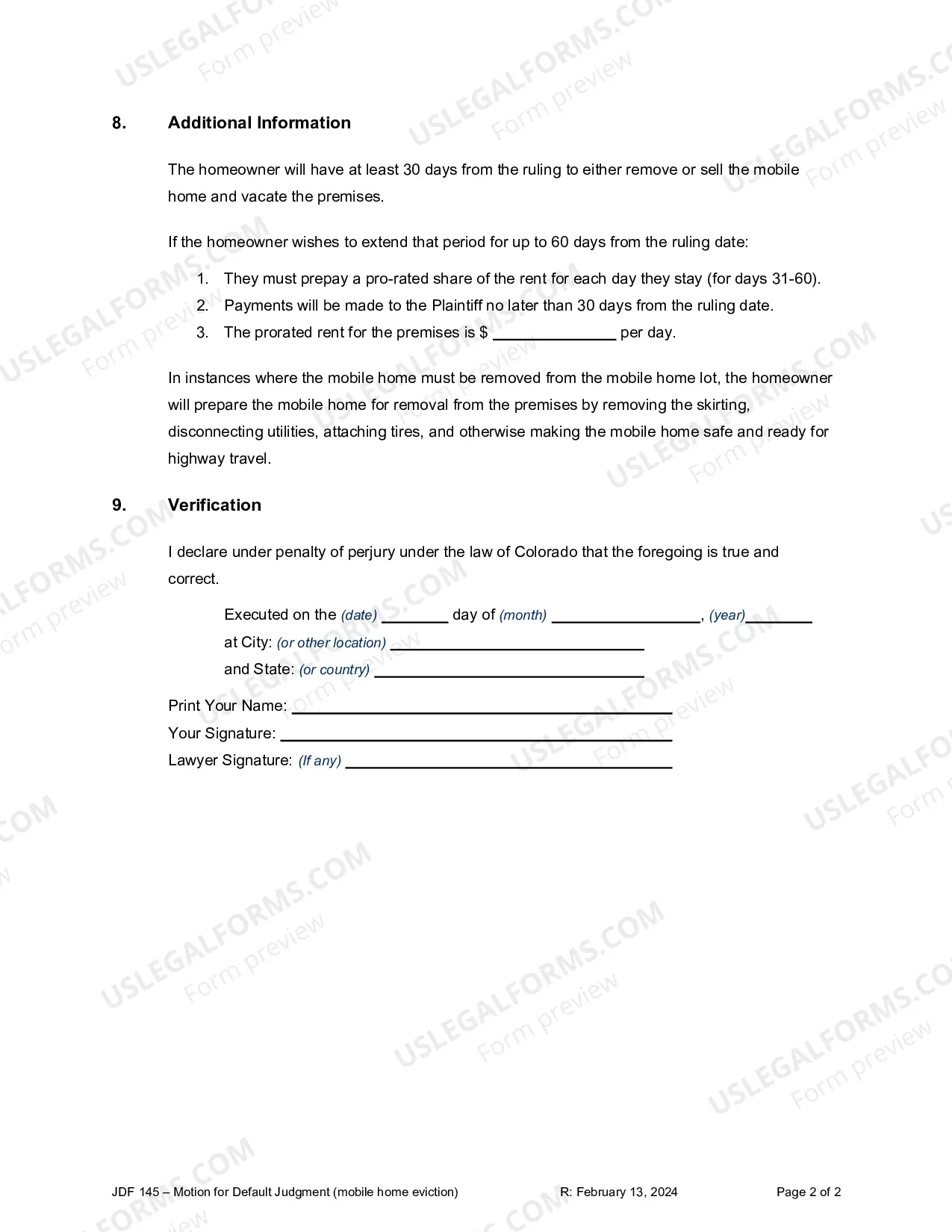 Preview Motion for Default Judgment - Mobile Home Eviction
