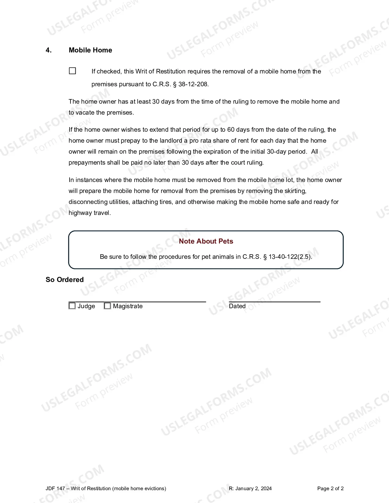 Preview Writ of Restitution - Mobile Home Eviction