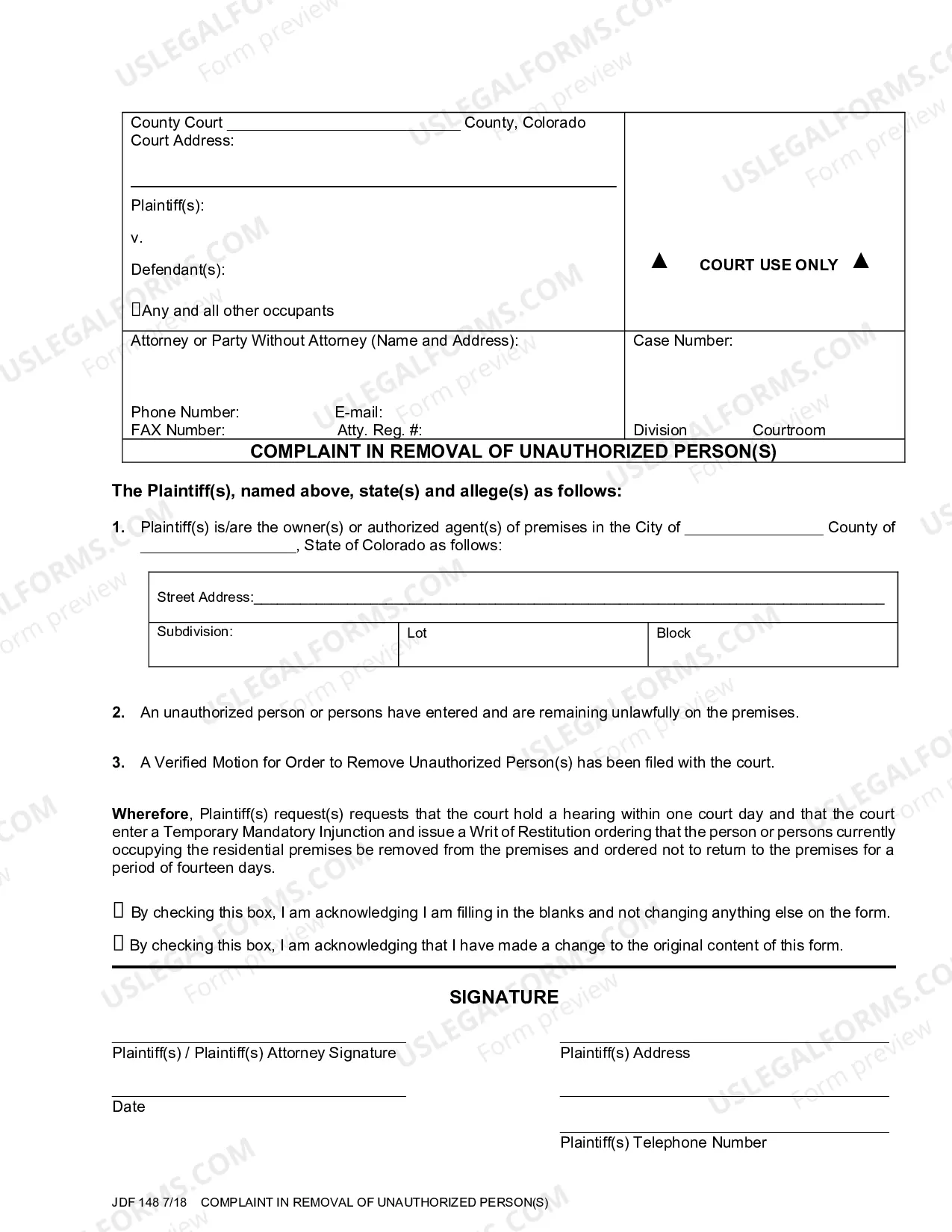 Preview Complaint in Removal of Unauthorized Persons