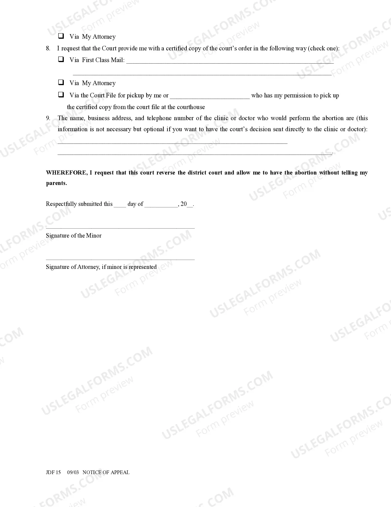 Preview Notice of Appeal - Bypass Parental Notification