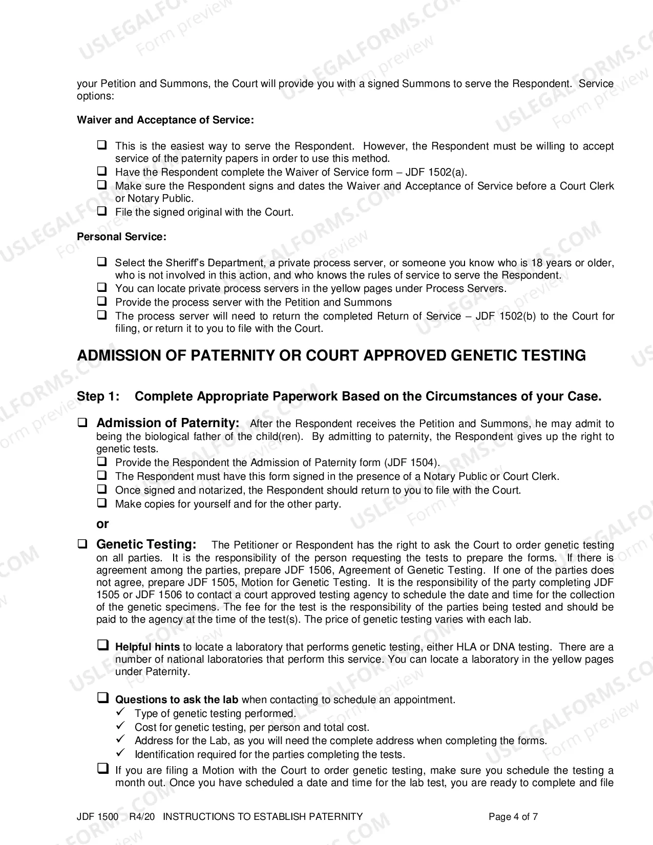 Preview Instructions to Establish Paternity