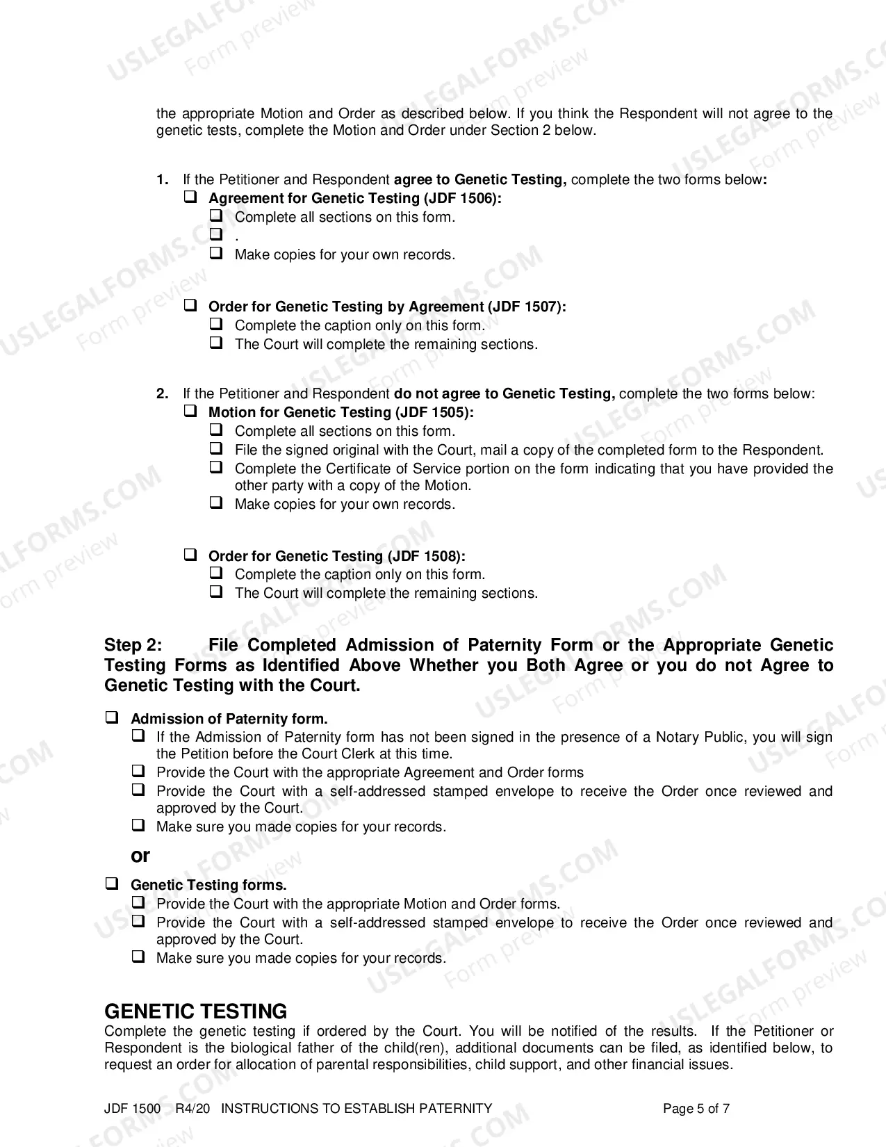 Preview Instructions to Establish Paternity