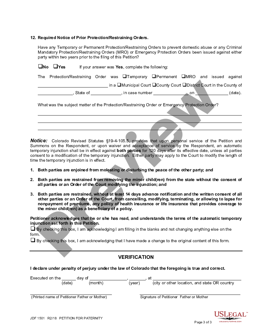 Colorado Petition in Paternity US Legal Forms