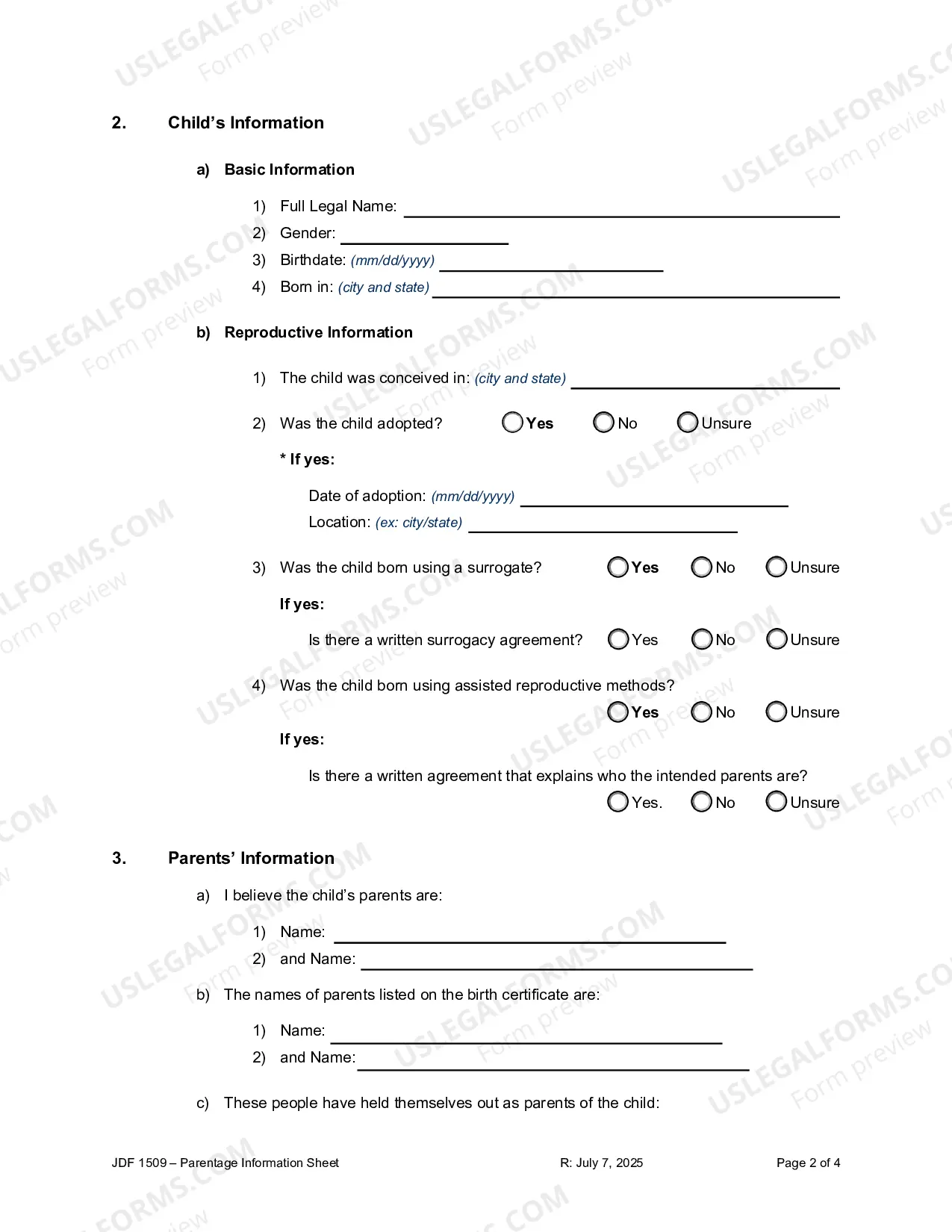 Preview Parentage Information Sheet