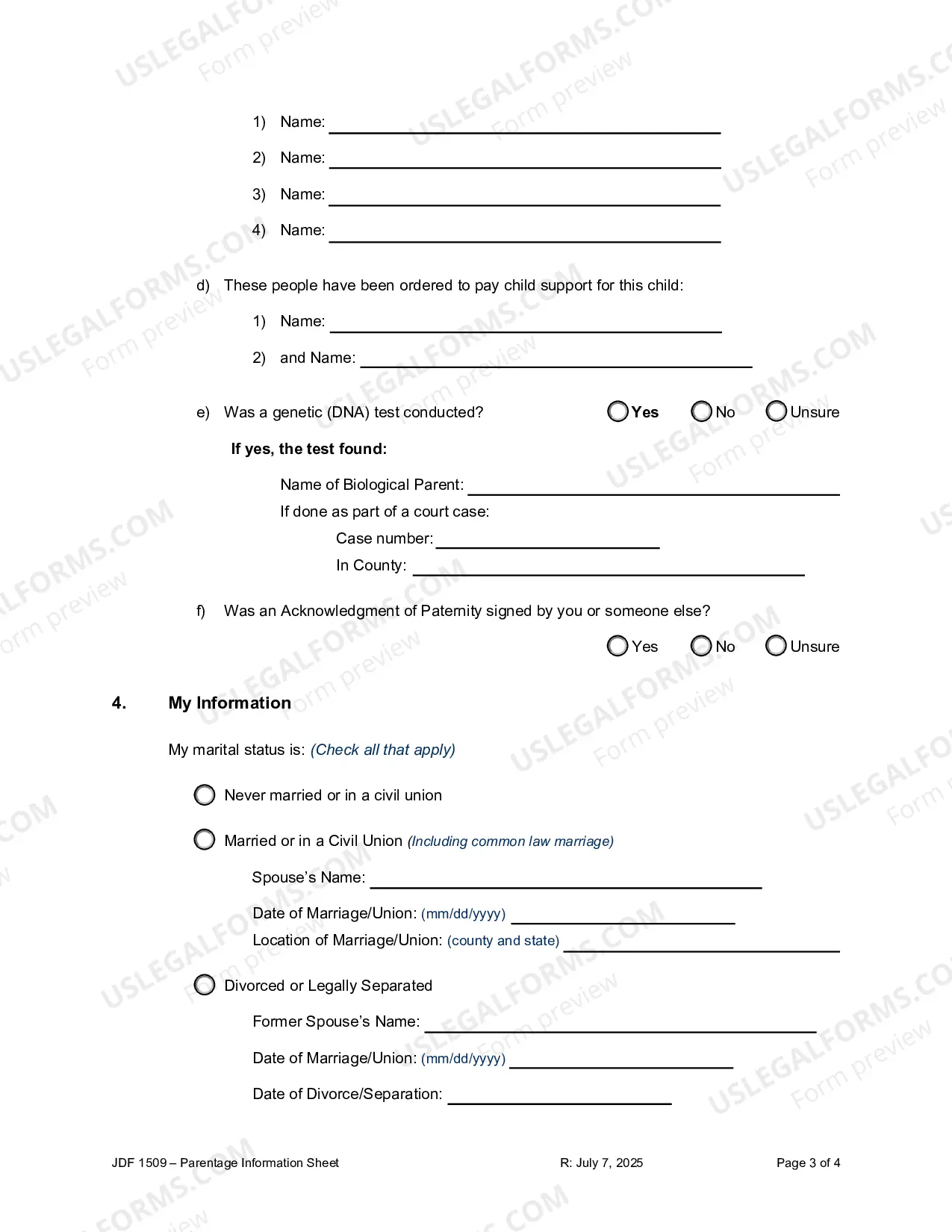 Preview Parentage Information Sheet