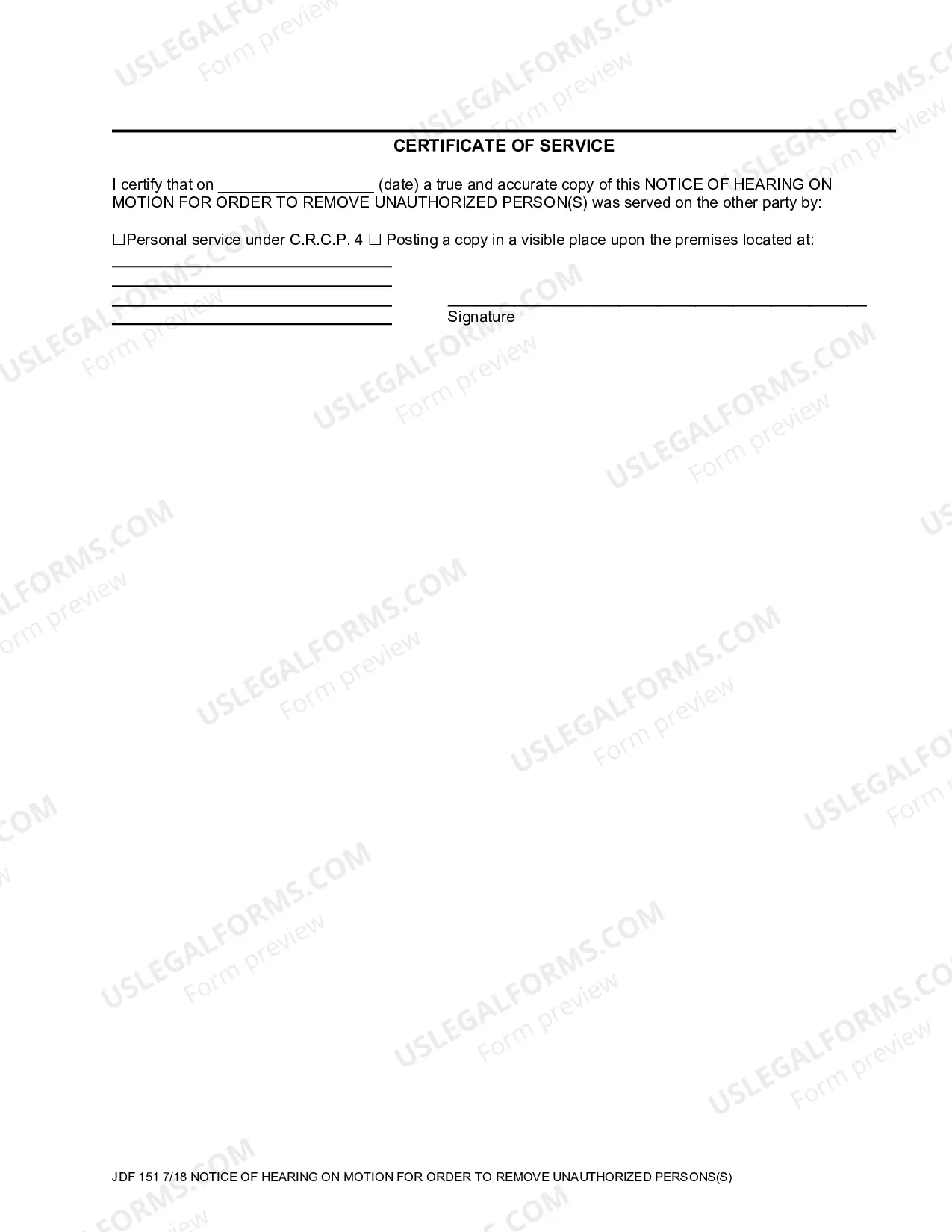 Preview Notice of Hearing on Motion for Order to Remove Unauthorized Persons
