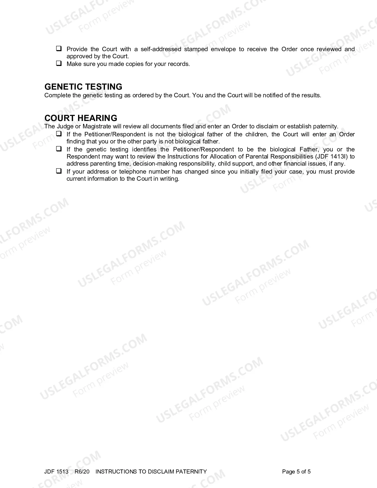 Preview Instructions to Disclaim Paternity