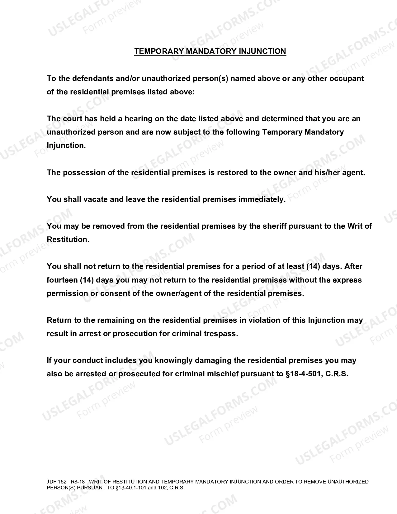 Preview Writ of Restitution and Temporary Mandatory Injunction and Order to Remove Unauthorized Persons