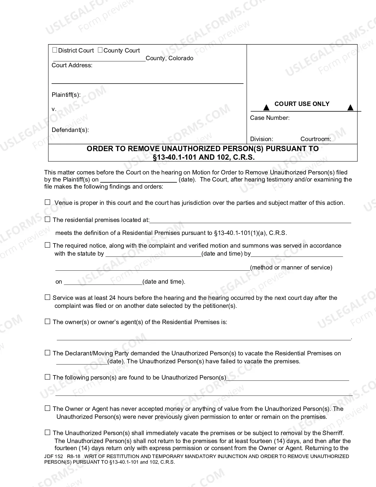 Preview Writ of Restitution and Temporary Mandatory Injunction and Order to Remove Unauthorized Persons