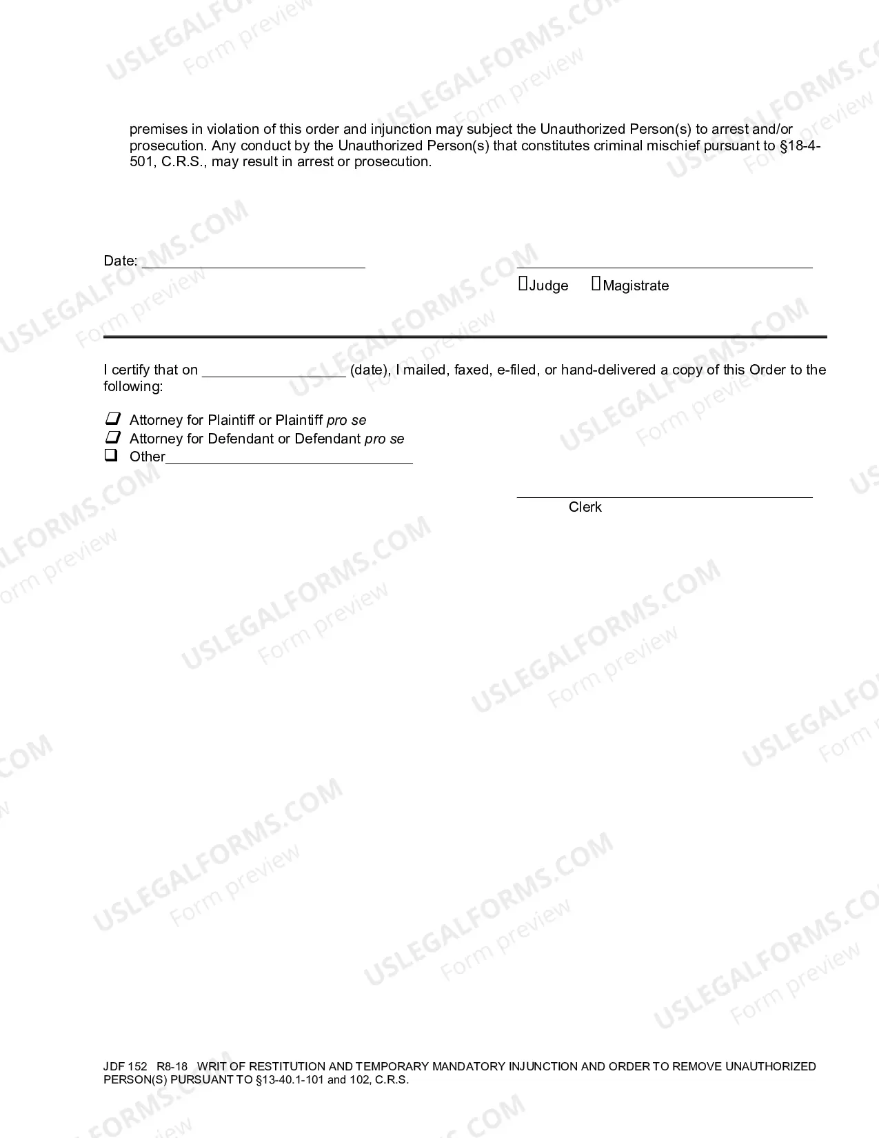Preview Writ of Restitution and Temporary Mandatory Injunction and Order to Remove Unauthorized Persons
