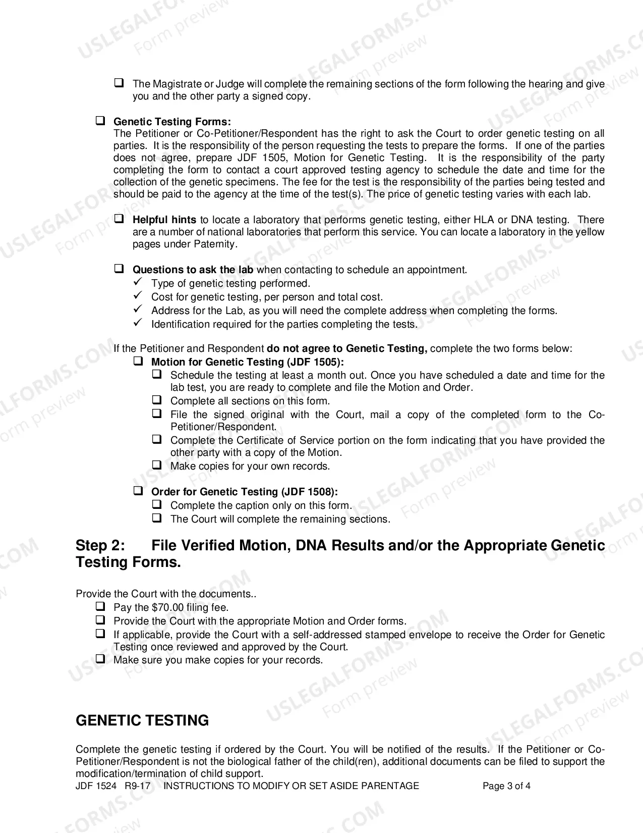 Preview Instructions to Modify or Set Aside Parentage
