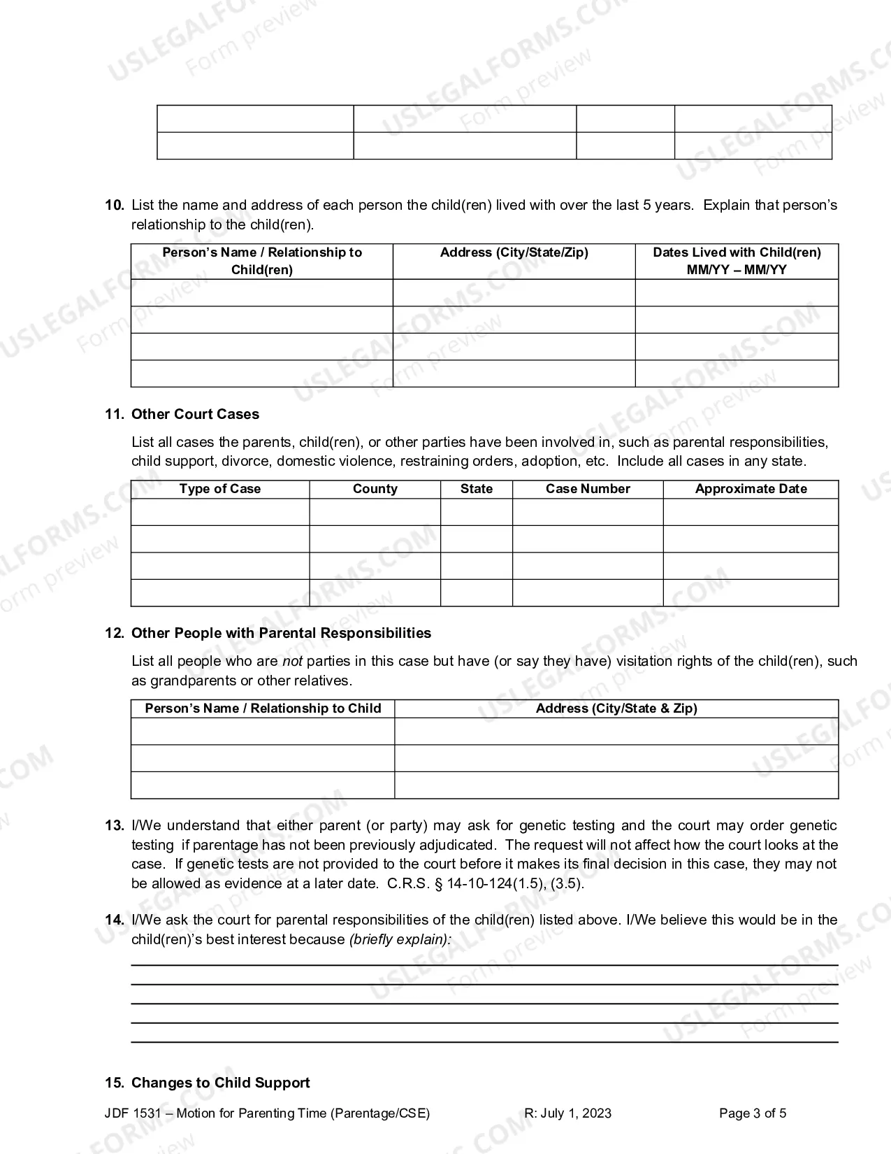 Preview Motion for Parenting Time - For Use in Juvenile Cases - Parentage and/or Support Enforcement