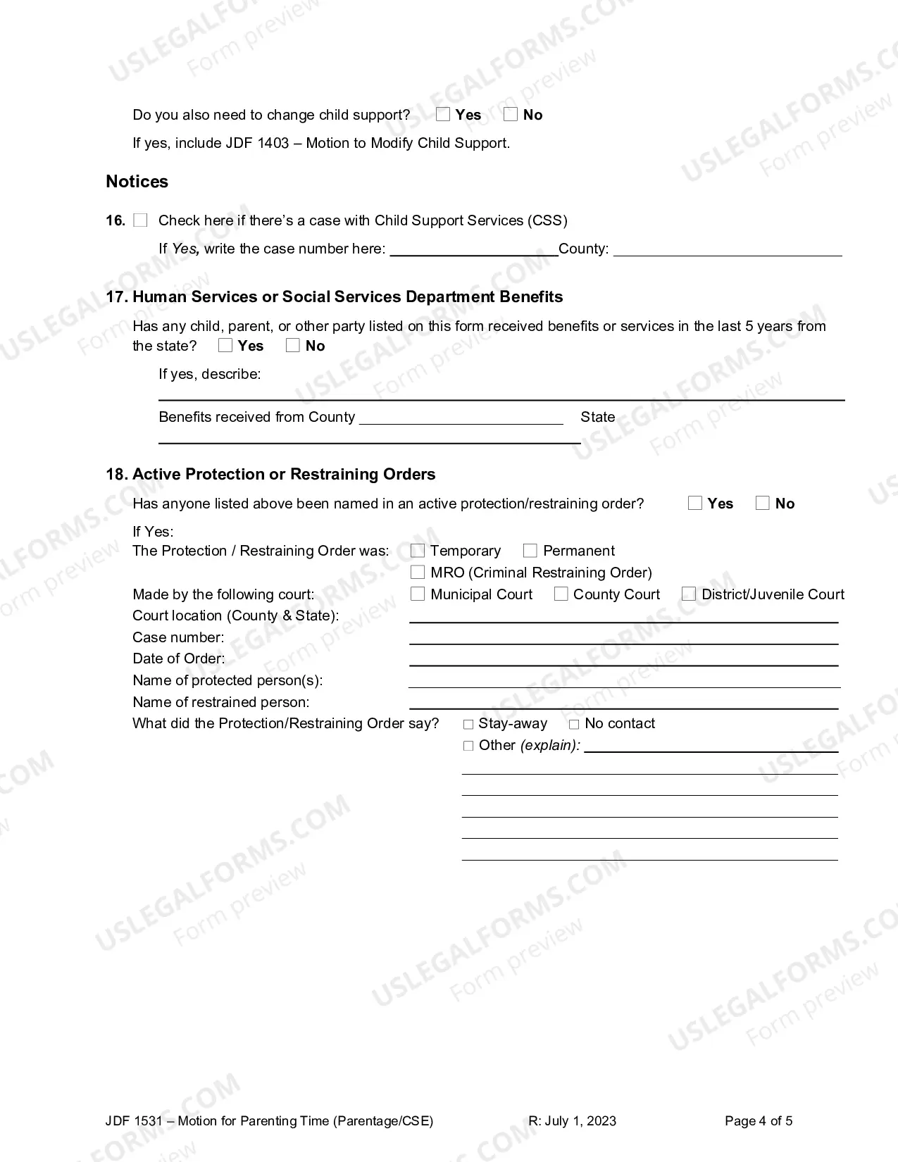 Preview Motion for Parenting Time - For Use in Juvenile Cases - Parentage and/or Support Enforcement