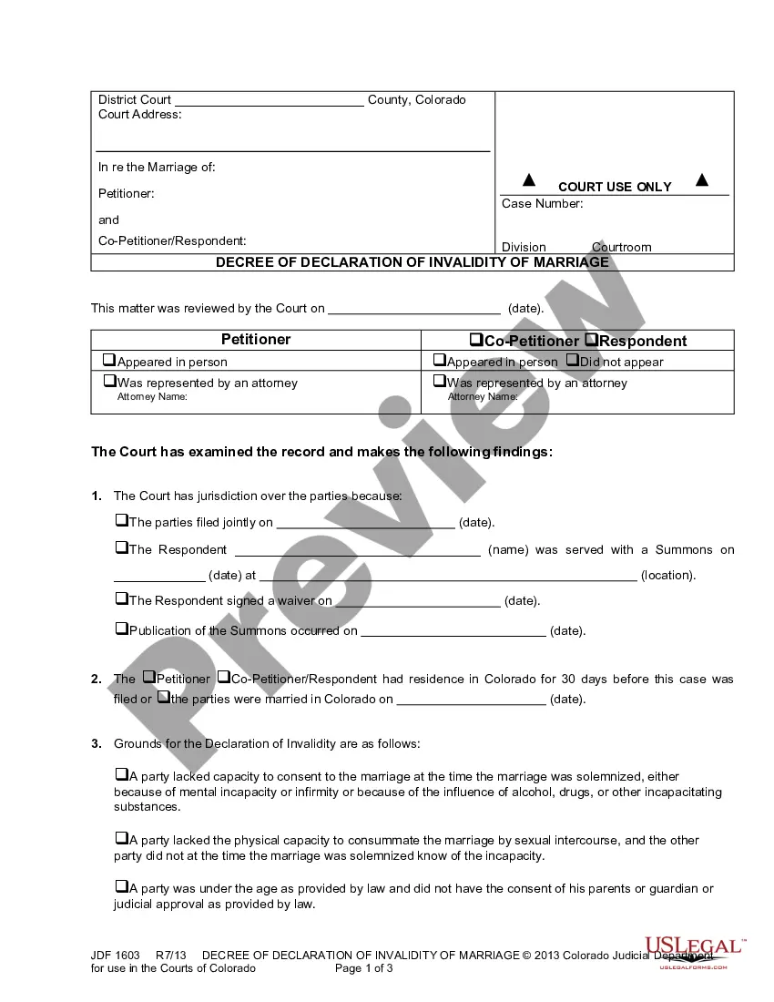 Colorado Decree of Declaration of Invalidity | US Legal Forms