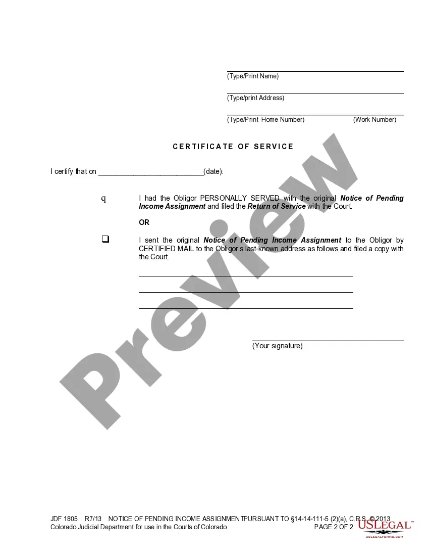 Preview Notice of Pending Income Assignment