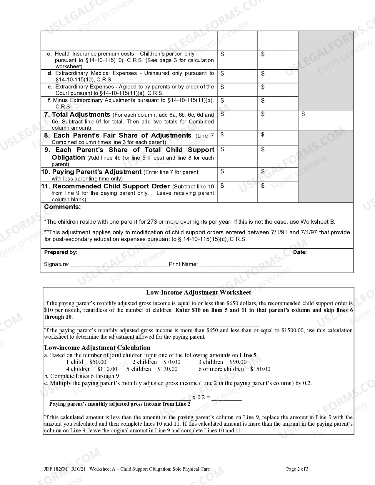 Preview Worksheet A - Child Support Obligation - Sole Physical Care
