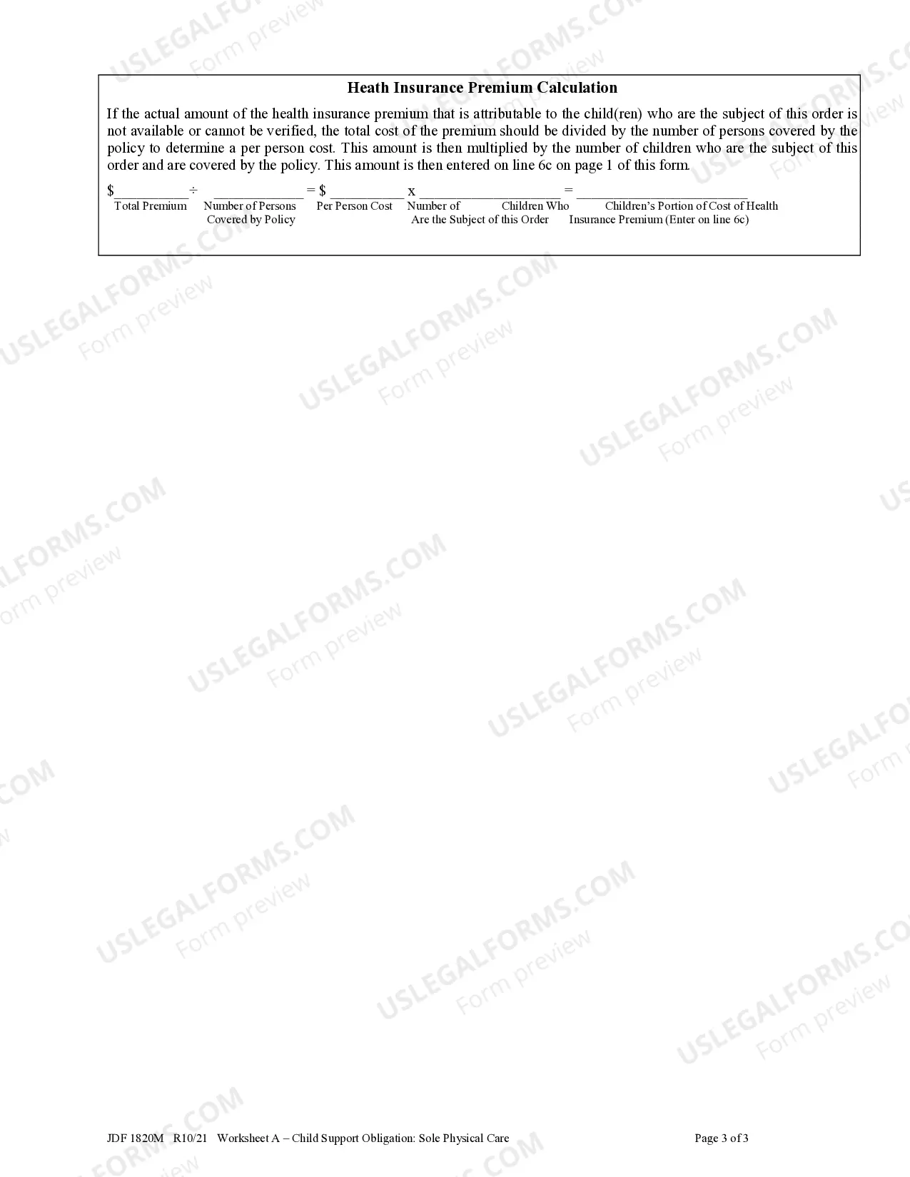 Preview Worksheet A - Child Support Obligation - Sole Physical Care