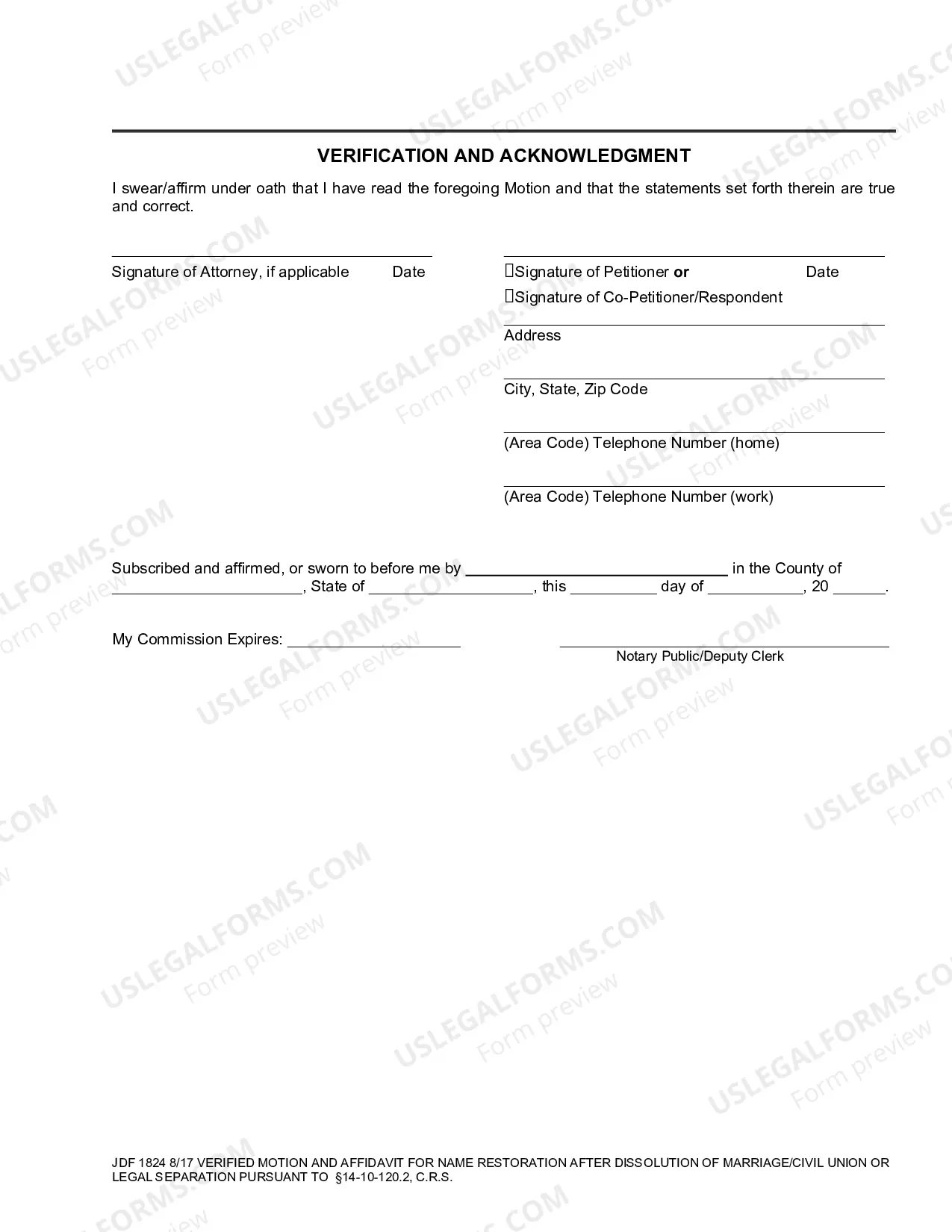 Preview Verified Motion and Affidavit for Name Restoration after Dissolution of Marriage, Civil Union, or Legal Separation