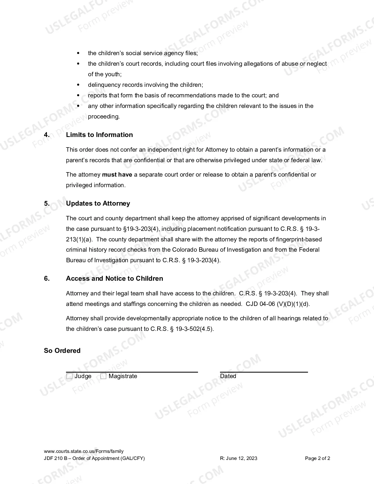 Preview Order for Appointment - Counsel for Youth
