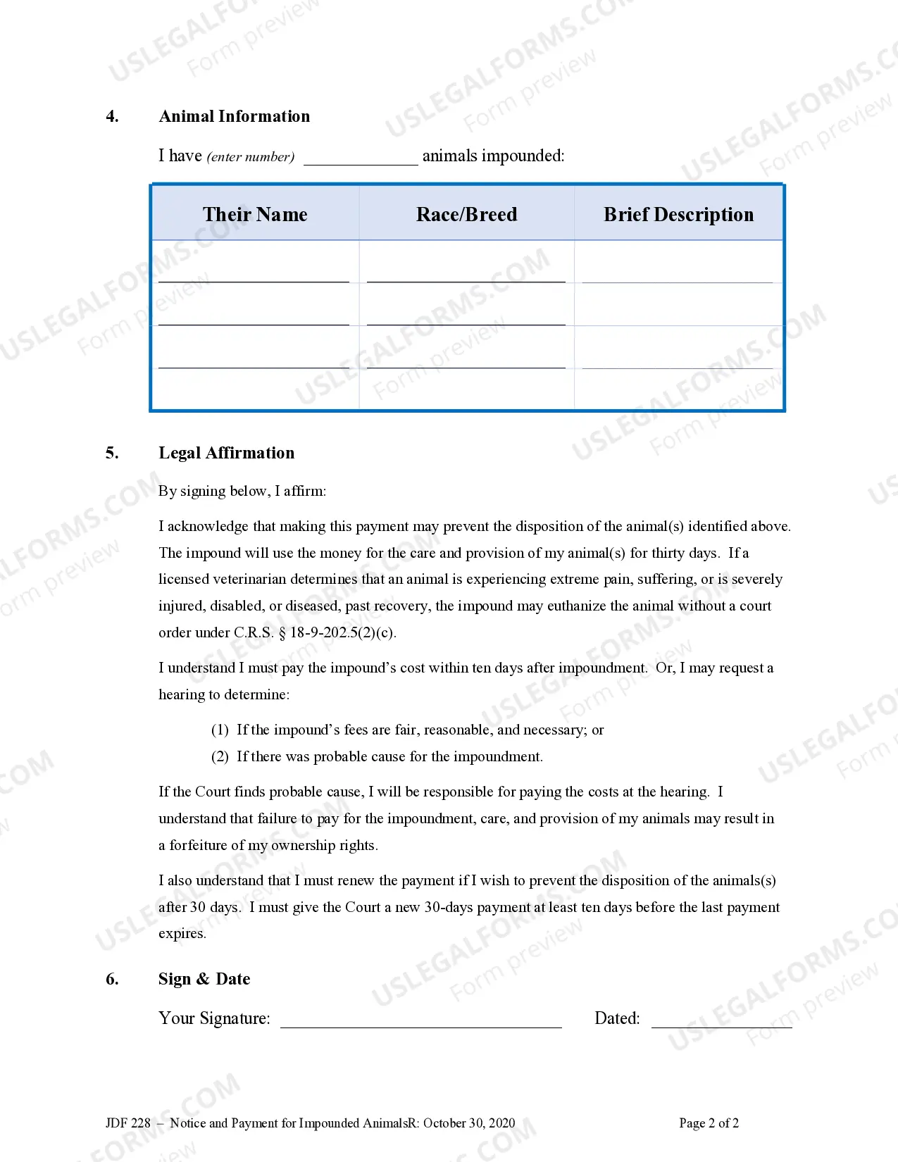 Preview Notice and Payment for Impounded Animals