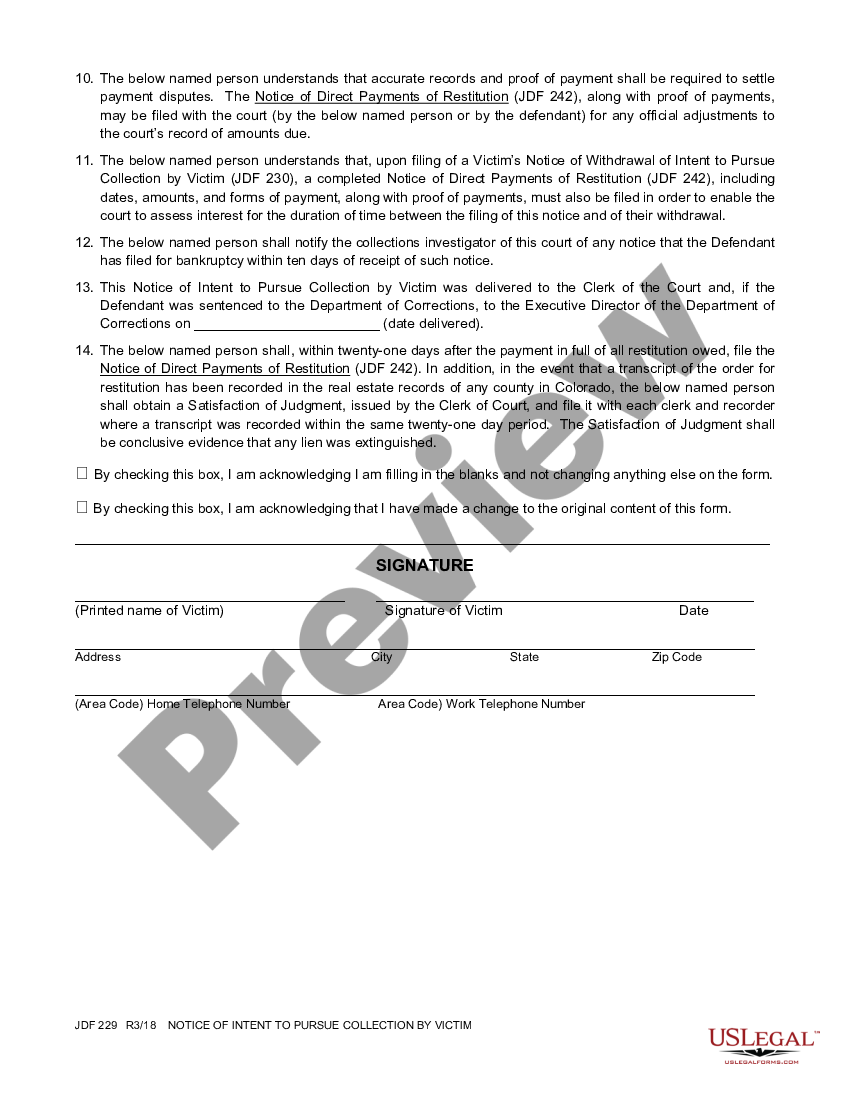 Fort Collins Colorado Notice Of Intent To Pursue Collection By Victim Us Legal Forms 4286