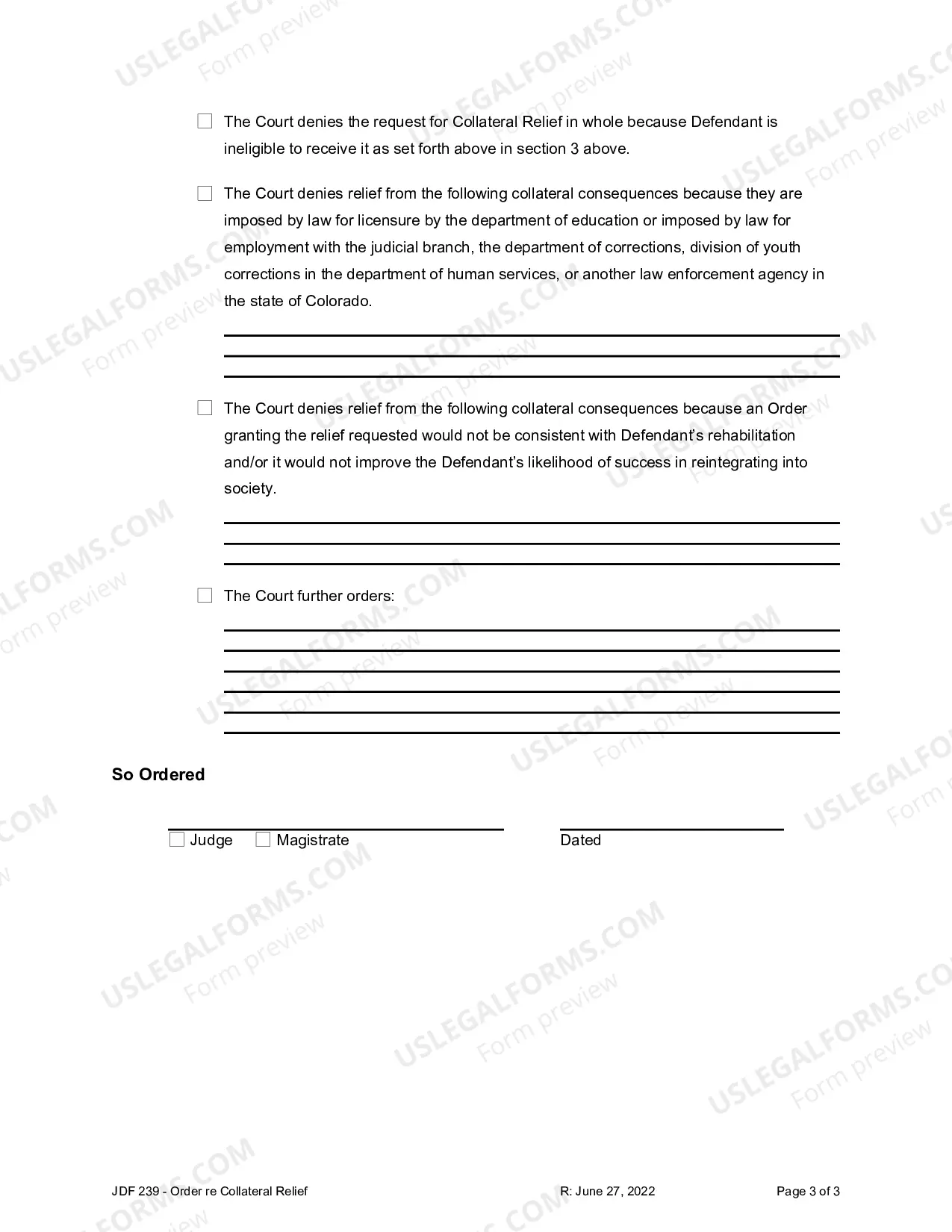 Preview Order Re - Collateral Relief
