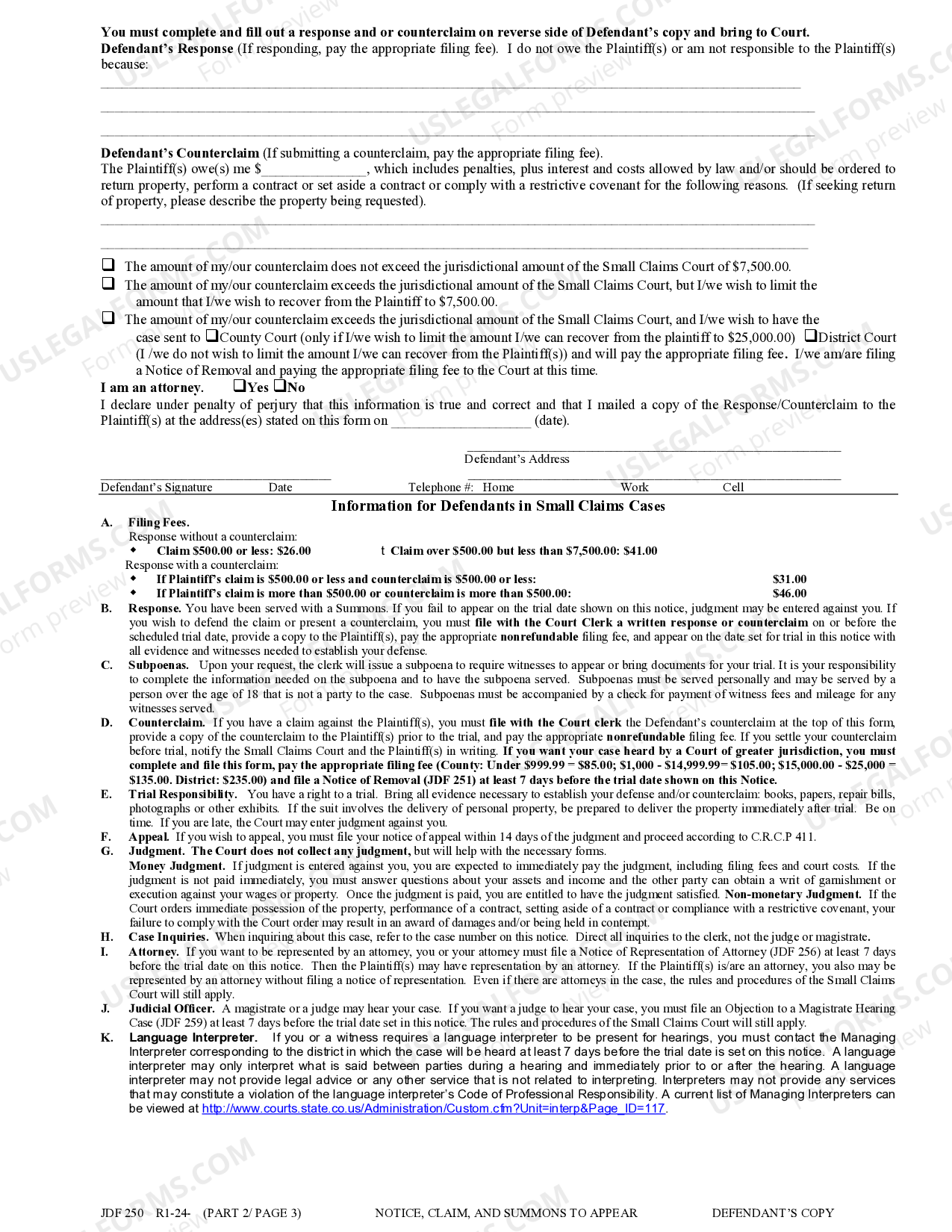 Colorado Notice, Claim and Summons to Appear for Trial US