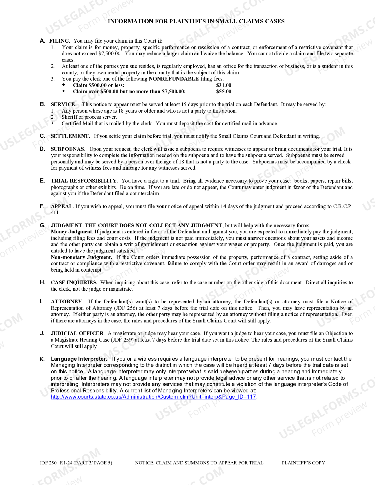 Colorado Notice, Claim and Summons to Appear for Trial Jdf