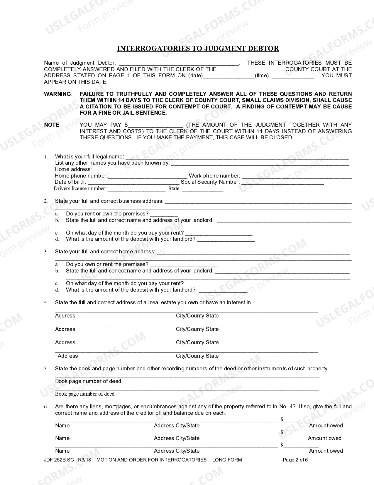 Preview Motion and Order For Interrogatories - Long Form