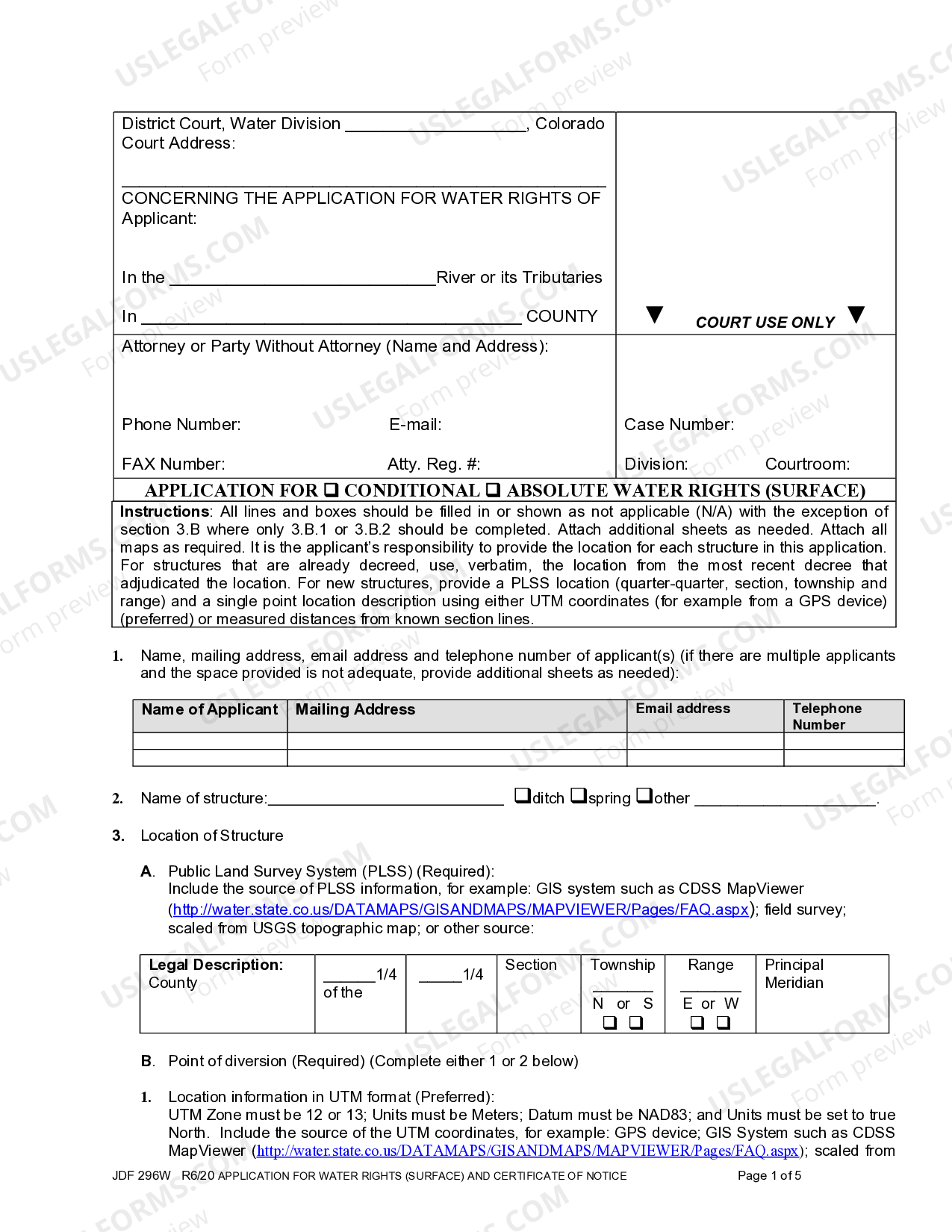 Colorado Application for Surface Water Right | US Legal Forms