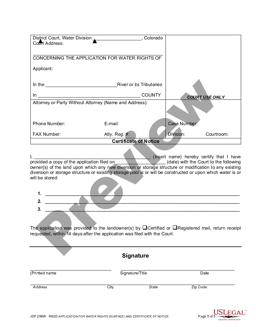 Colorado Application for Surface Water Right | US Legal Forms