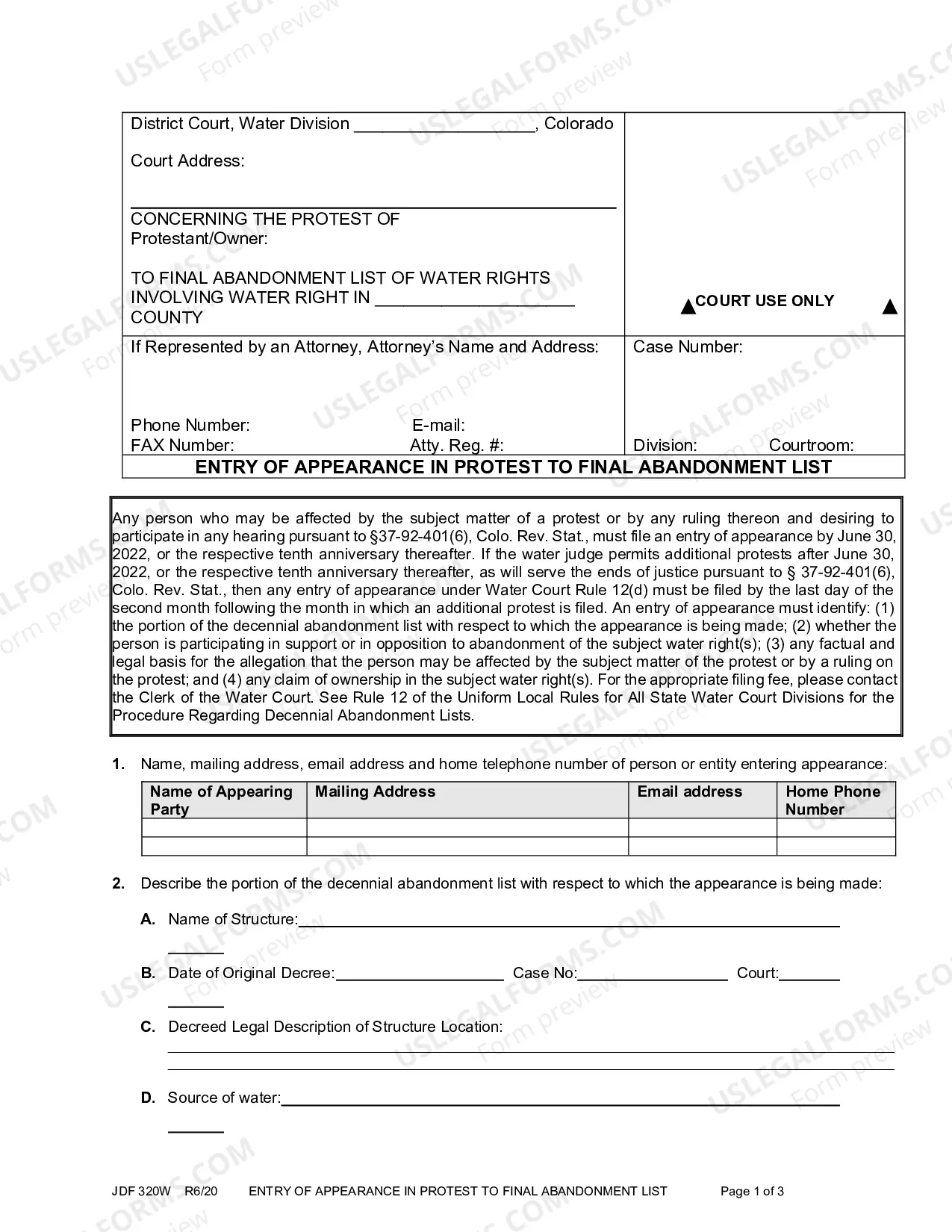 Preview Entry of Appearance in Protest to Final Abandonment List