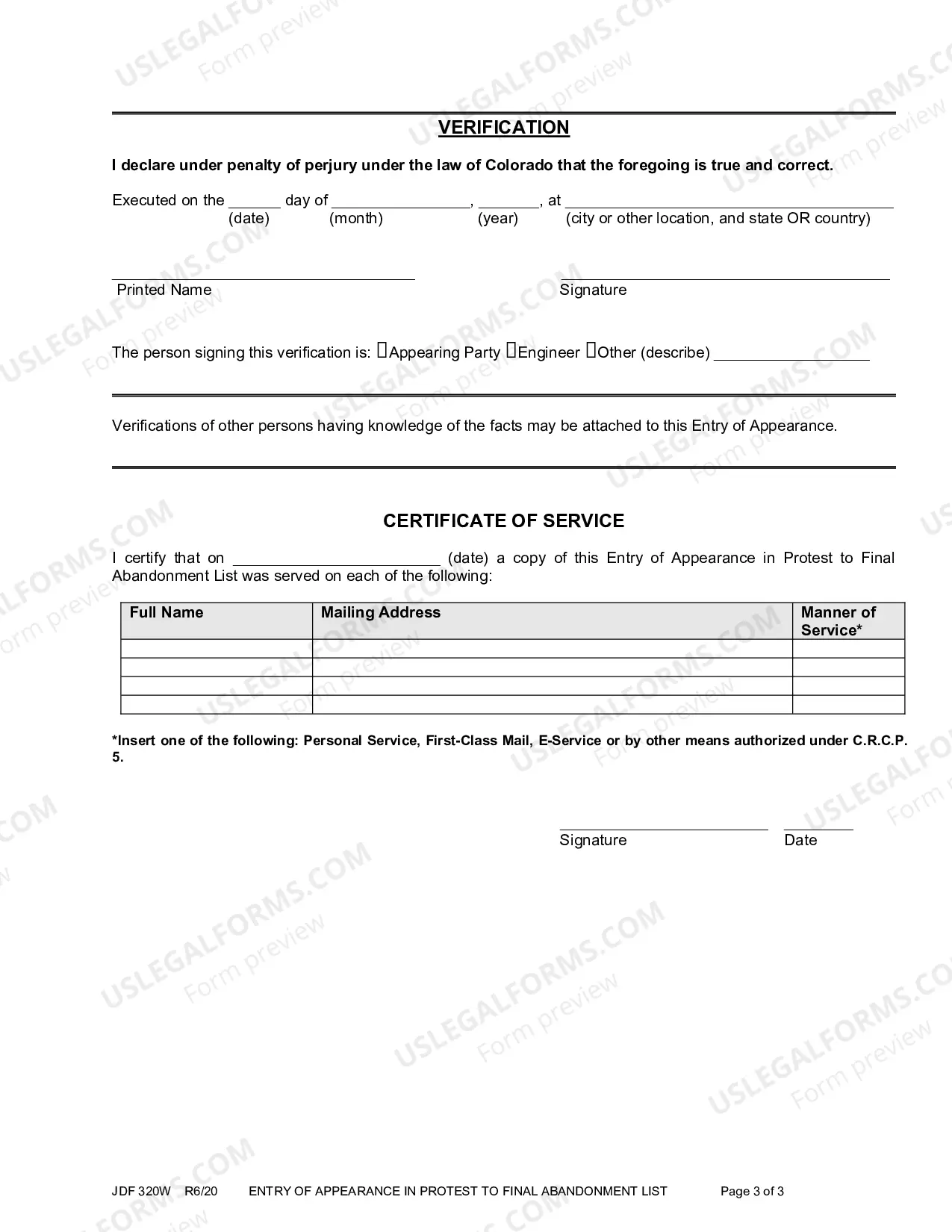 Preview Entry of Appearance in Protest to Final Abandonment List