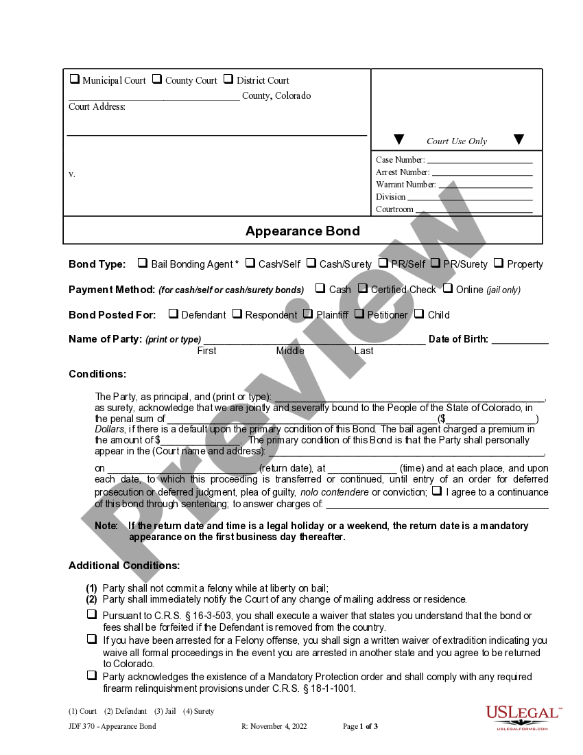 Colorado Appearance Bond US Legal Forms
