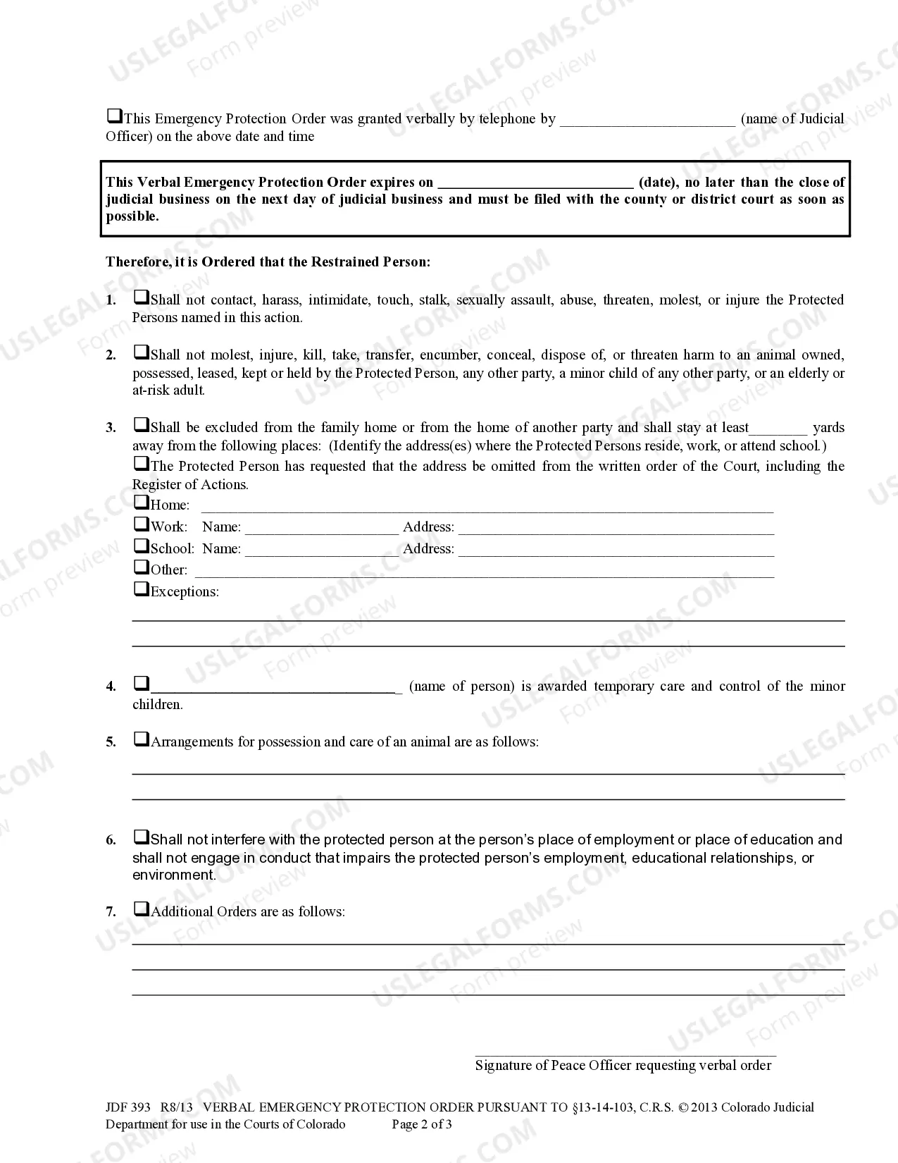 Preview Verbal Emergency Protection Order Issued Pursuant to Section 13-14-103, C.R.S.