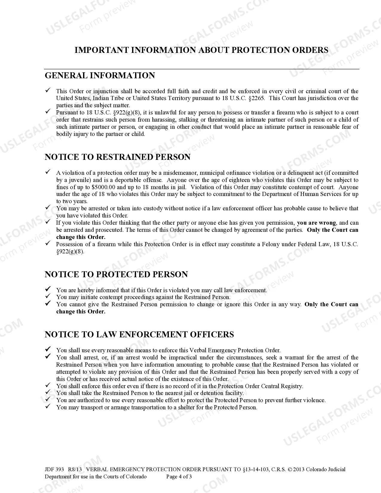 Preview Verbal Emergency Protection Order Issued Pursuant to Section 13-14-103, C.R.S.