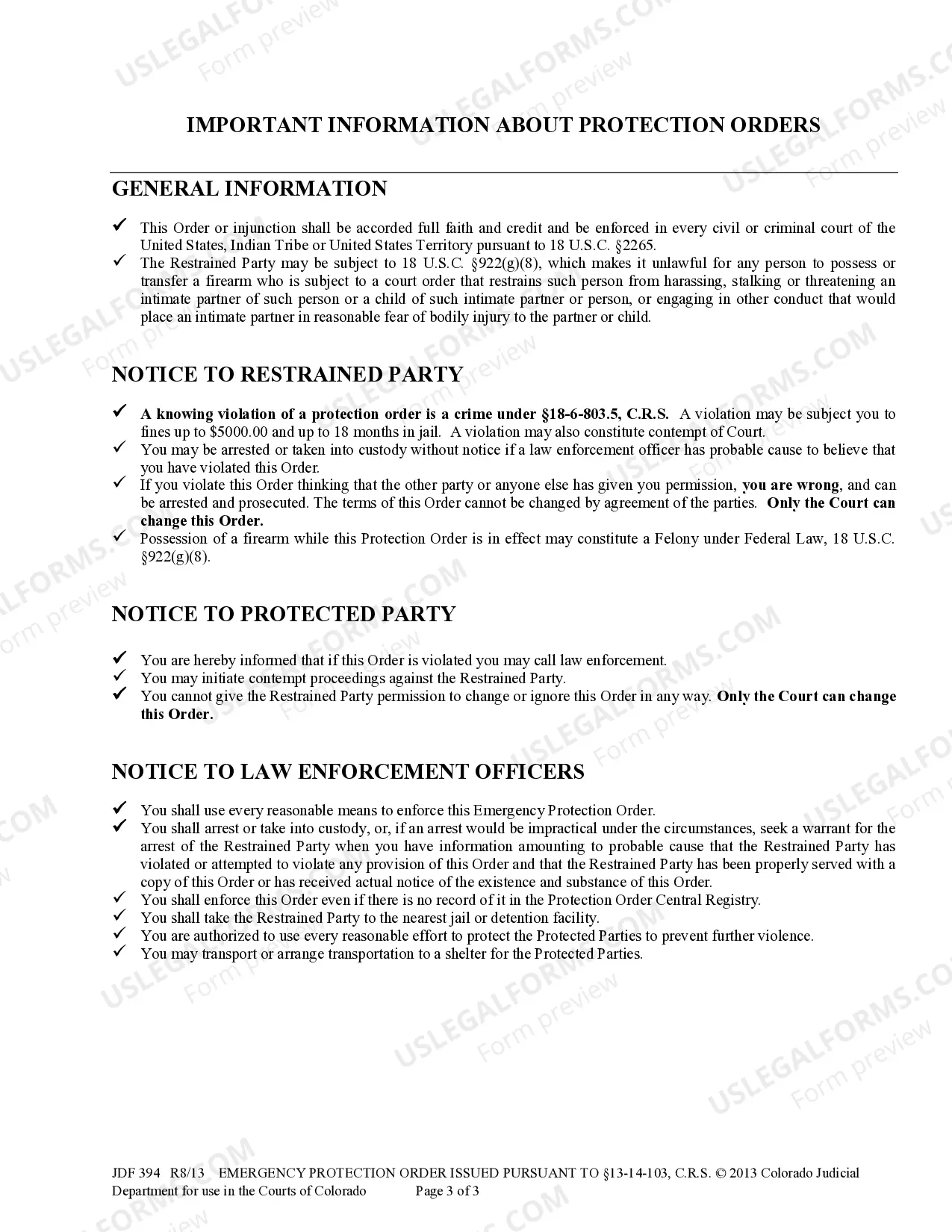 Preview Emergency Protection Order Issued Pursuant to Section 13-14-103, C.R.S.