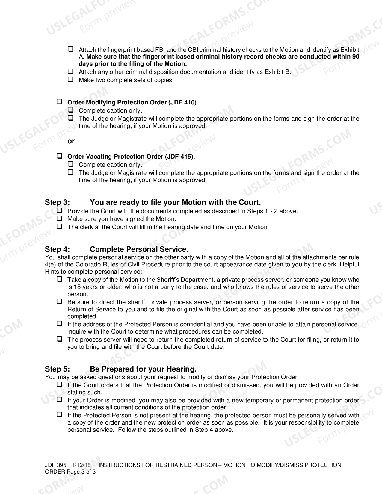 Colorado Instructions for Restrained Person Motion to Modify Modify