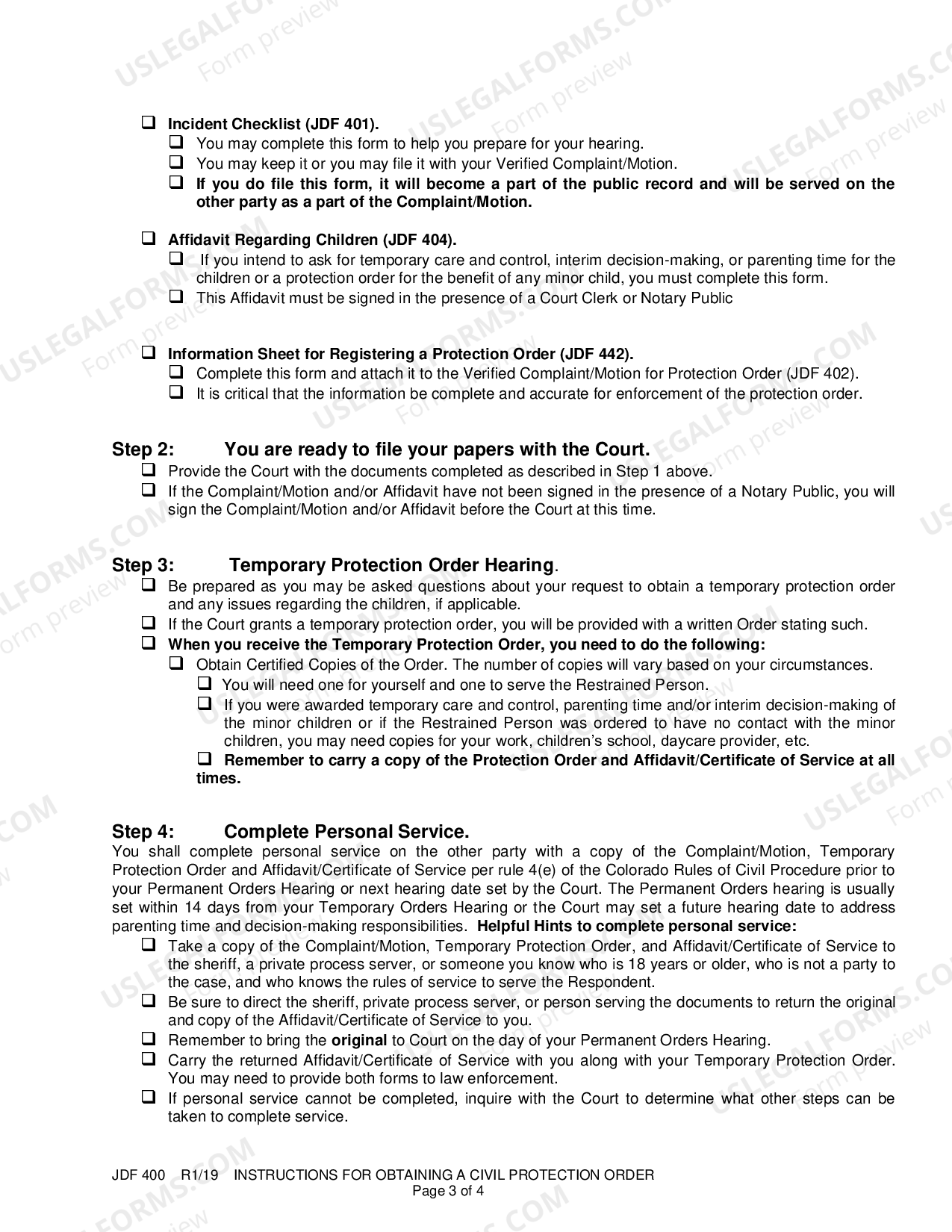 Colorado Instructions for Obtaining A Civil Protection Order US Legal Forms