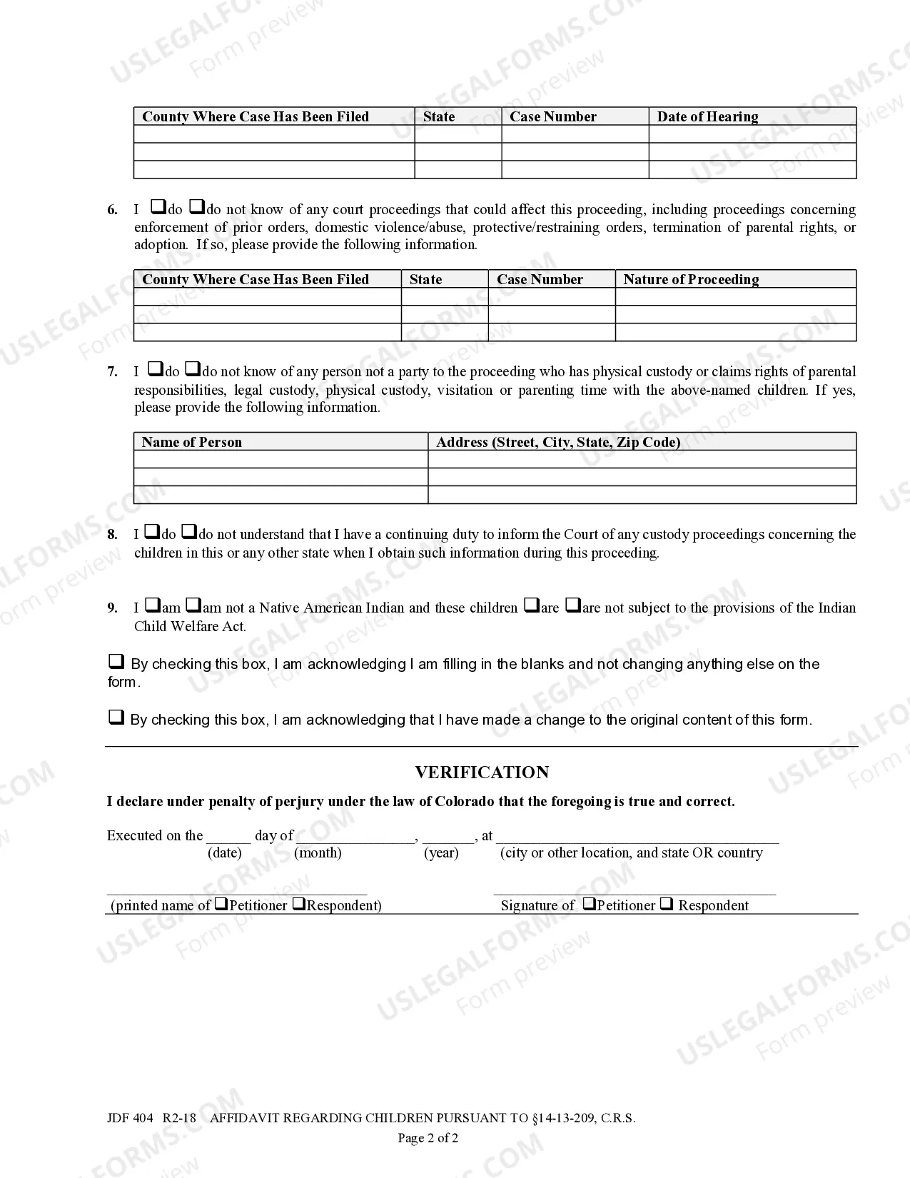 Preview Affidavit Regarding Children Pursuant to Section 14-13-209