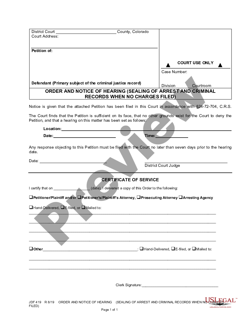 Colorado Order and Notice of Hearing - Sealing of Records | US Legal Forms