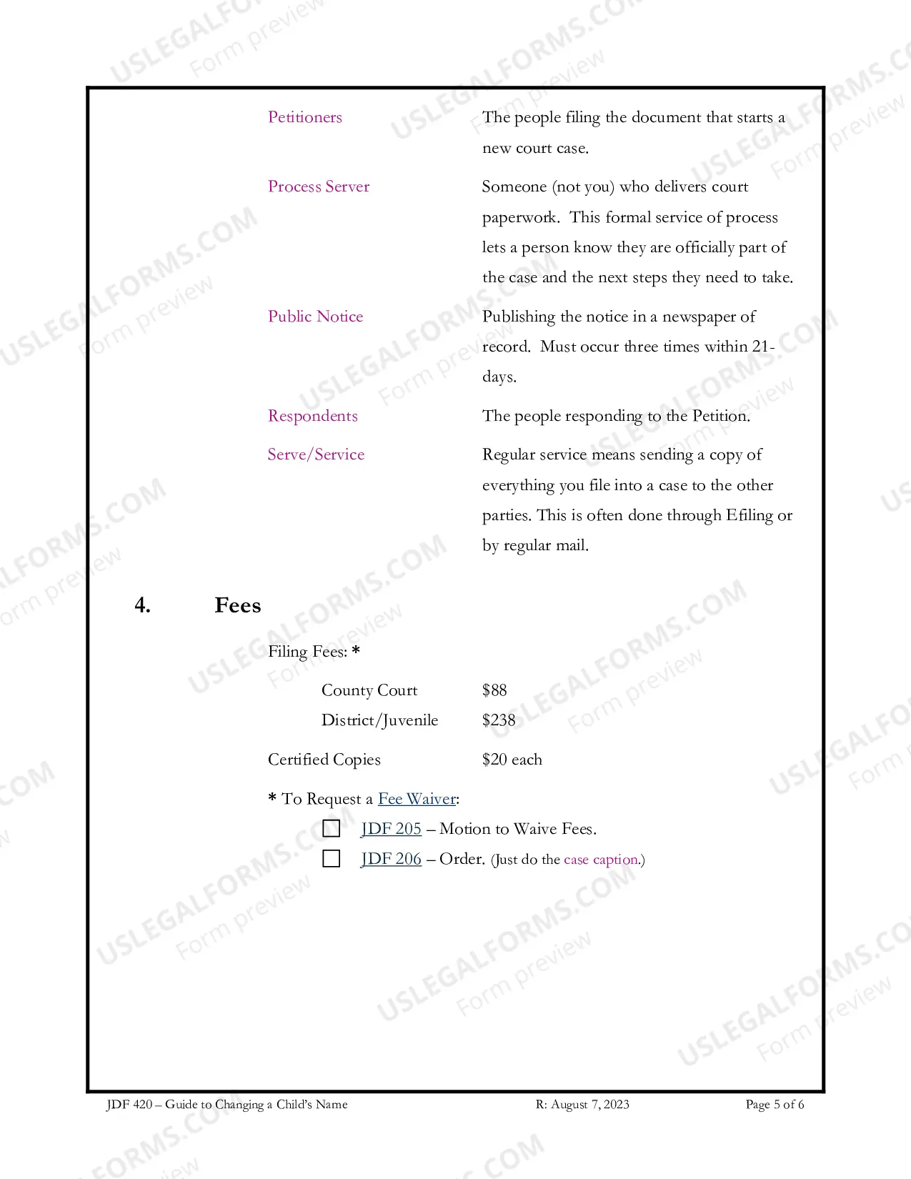 Preview Instructions for Change of Name - Minor