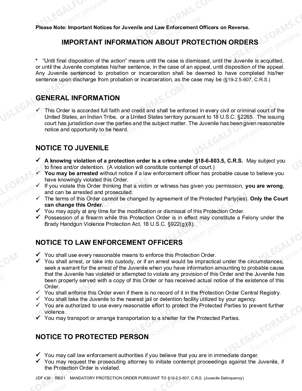 Preview Mandatory Protection Order Pursuant to - Section 19-2-707 C.R.S. - Juvenile Delinquency