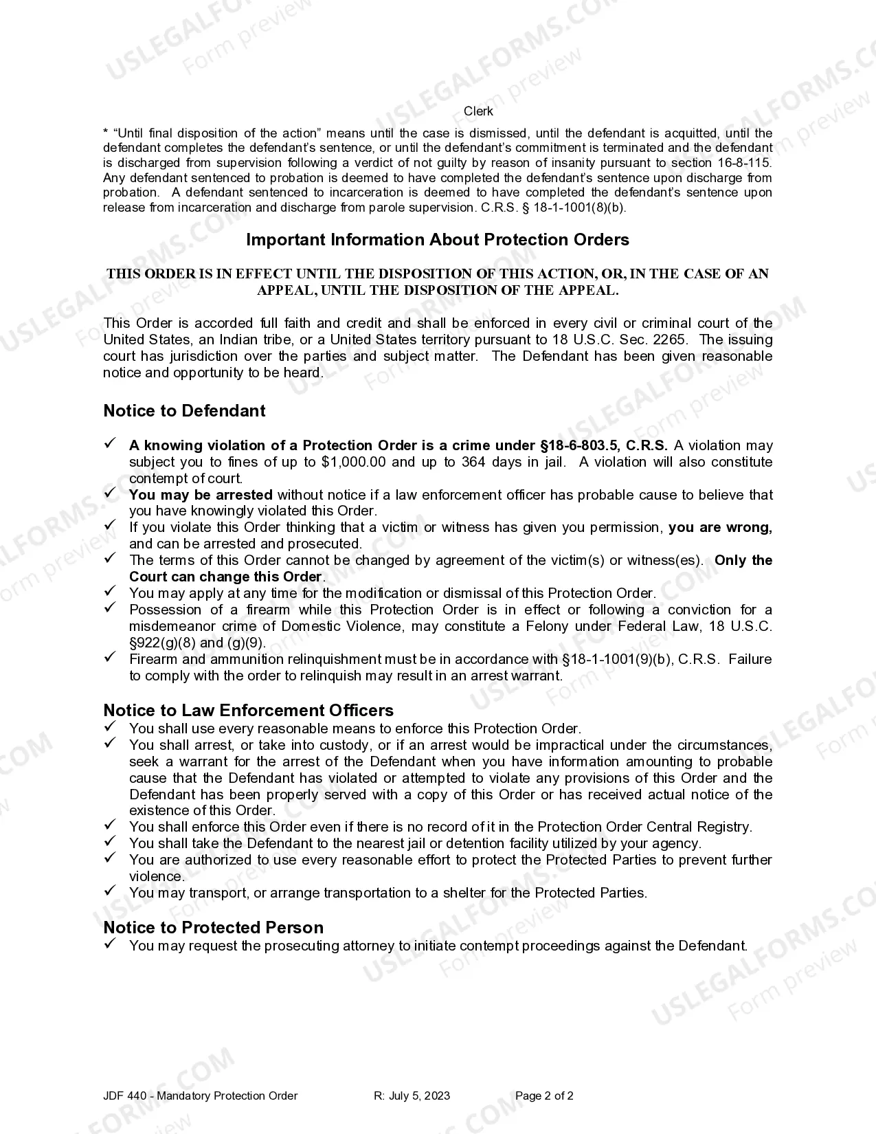 Preview Mandatory Protection Order Pursuant - Section 18-1-1001 C.R.S